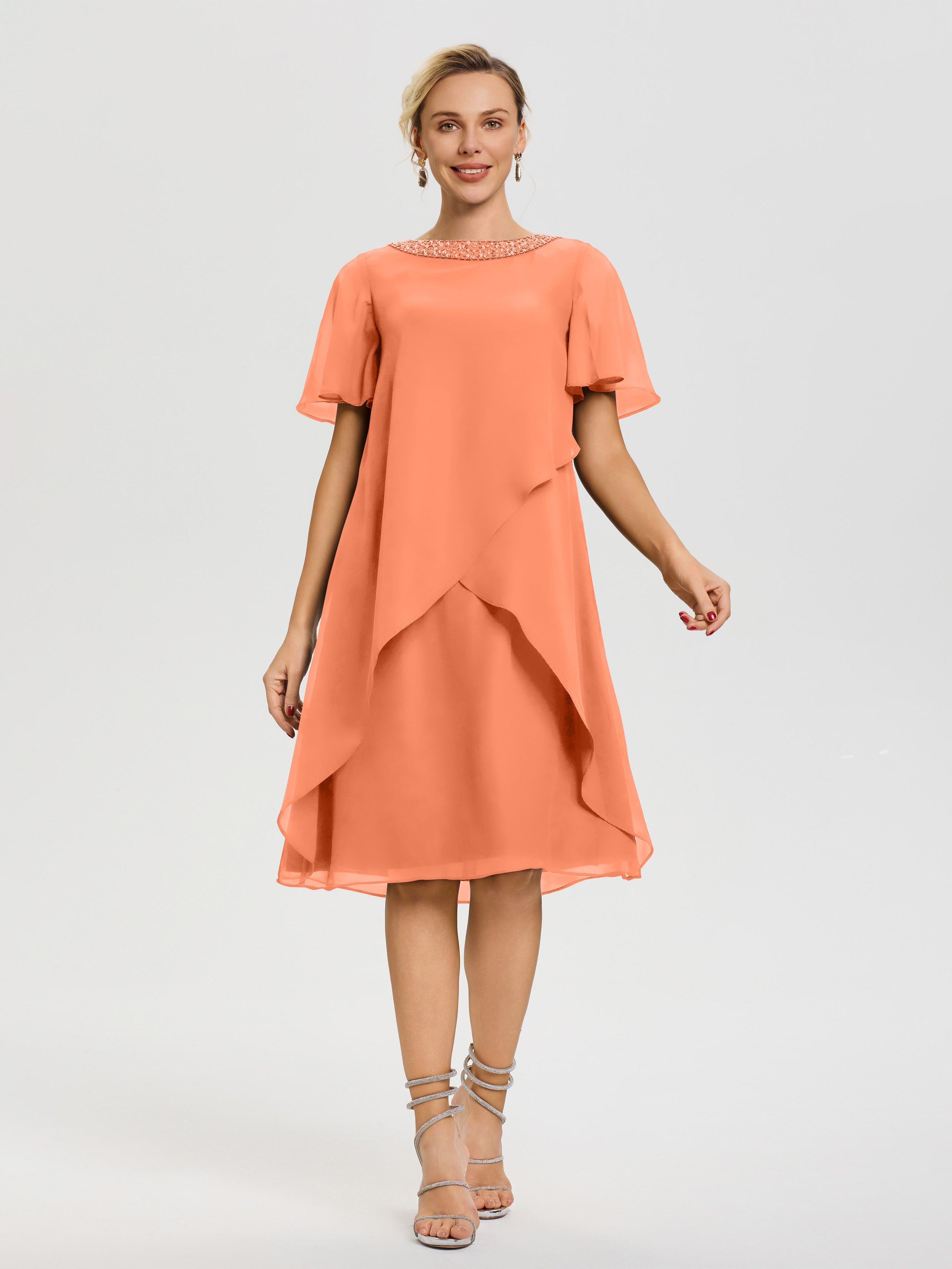 Robe Pour Mère De La Mariée Papaye Col Rond Mancherons Mousseline Robe Mariage Mère Du Marié