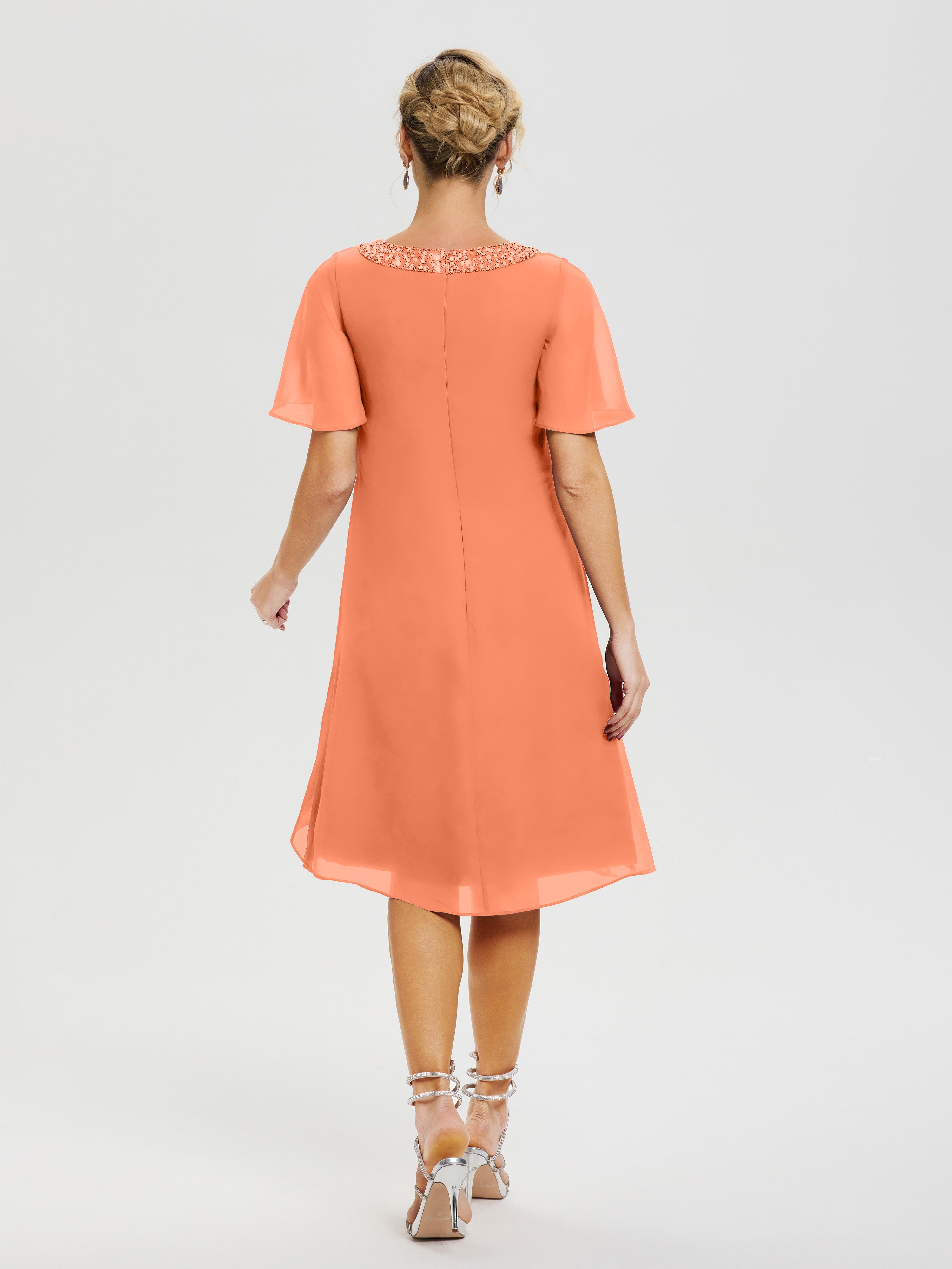 Robe Pour Mère De La Mariée Papaye Col Rond Mancherons Mousseline Robe Mariage Mère Du Marié