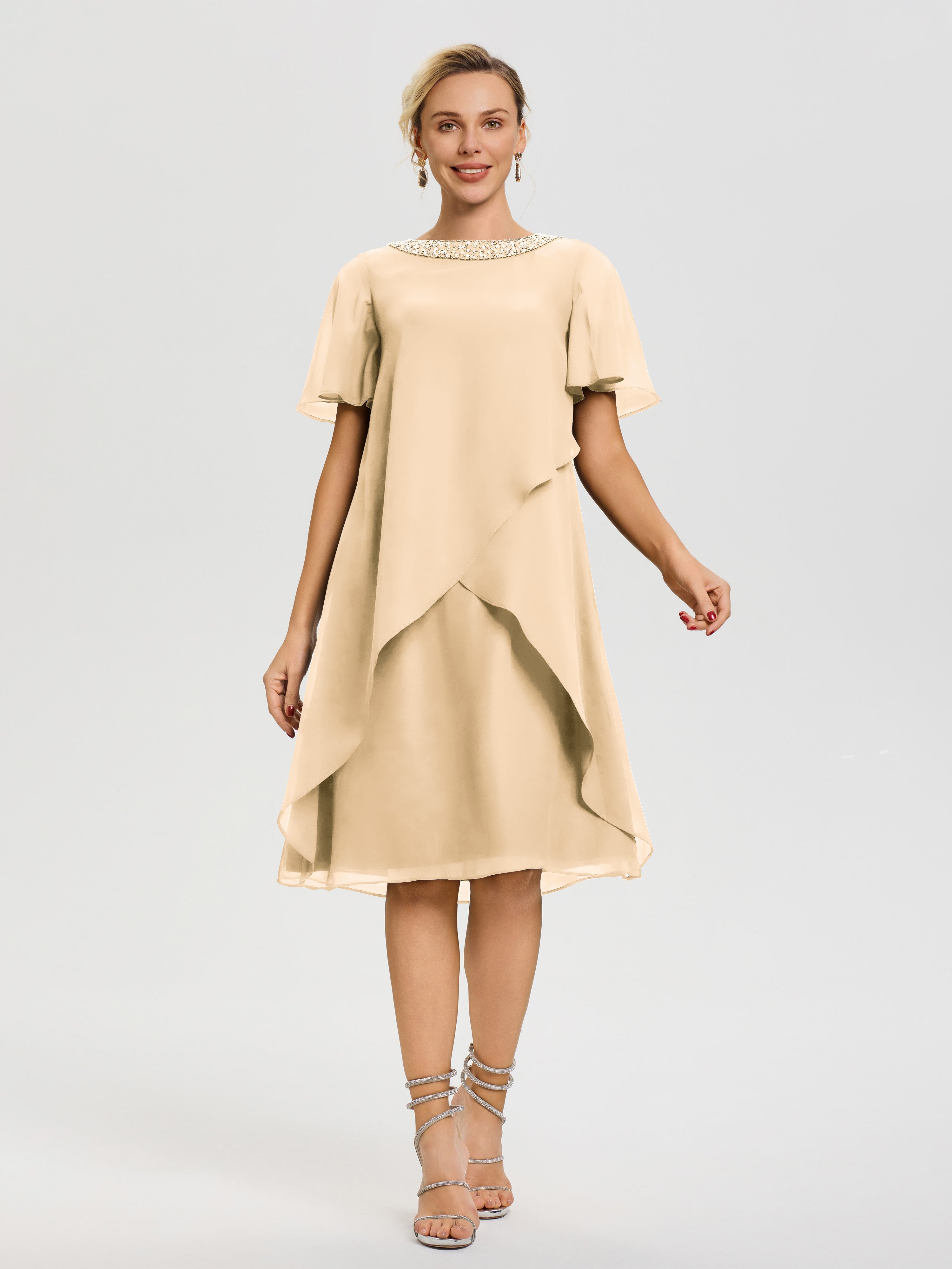 Robes Pour La Mère De La Mariée Peche Col Rond Mancherons Mousseline Robe Mariage Mère Du Marié