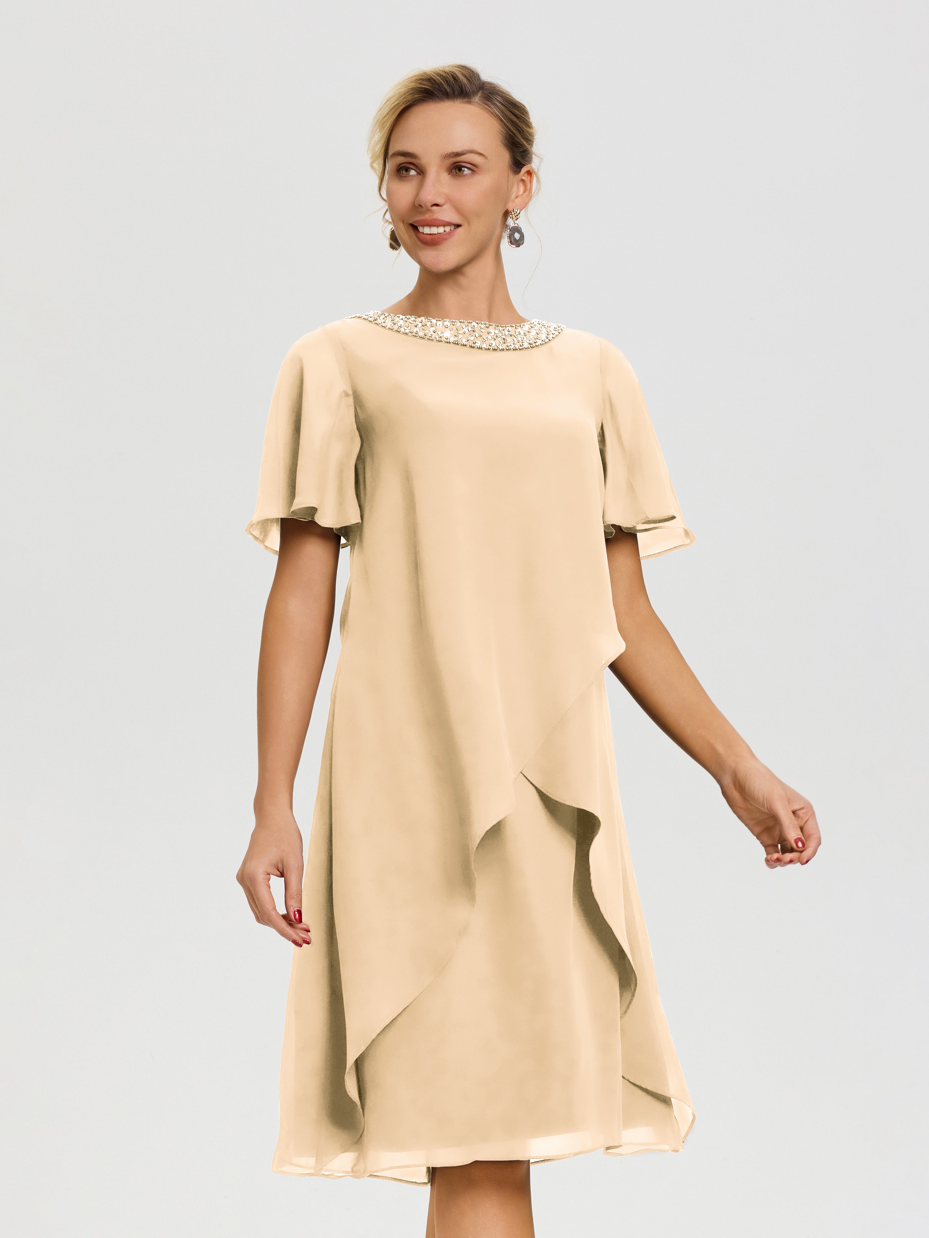 Robes Pour La Mère De La Mariée Peche Col Rond Mancherons Mousseline Robe Mariage Mère Du Marié