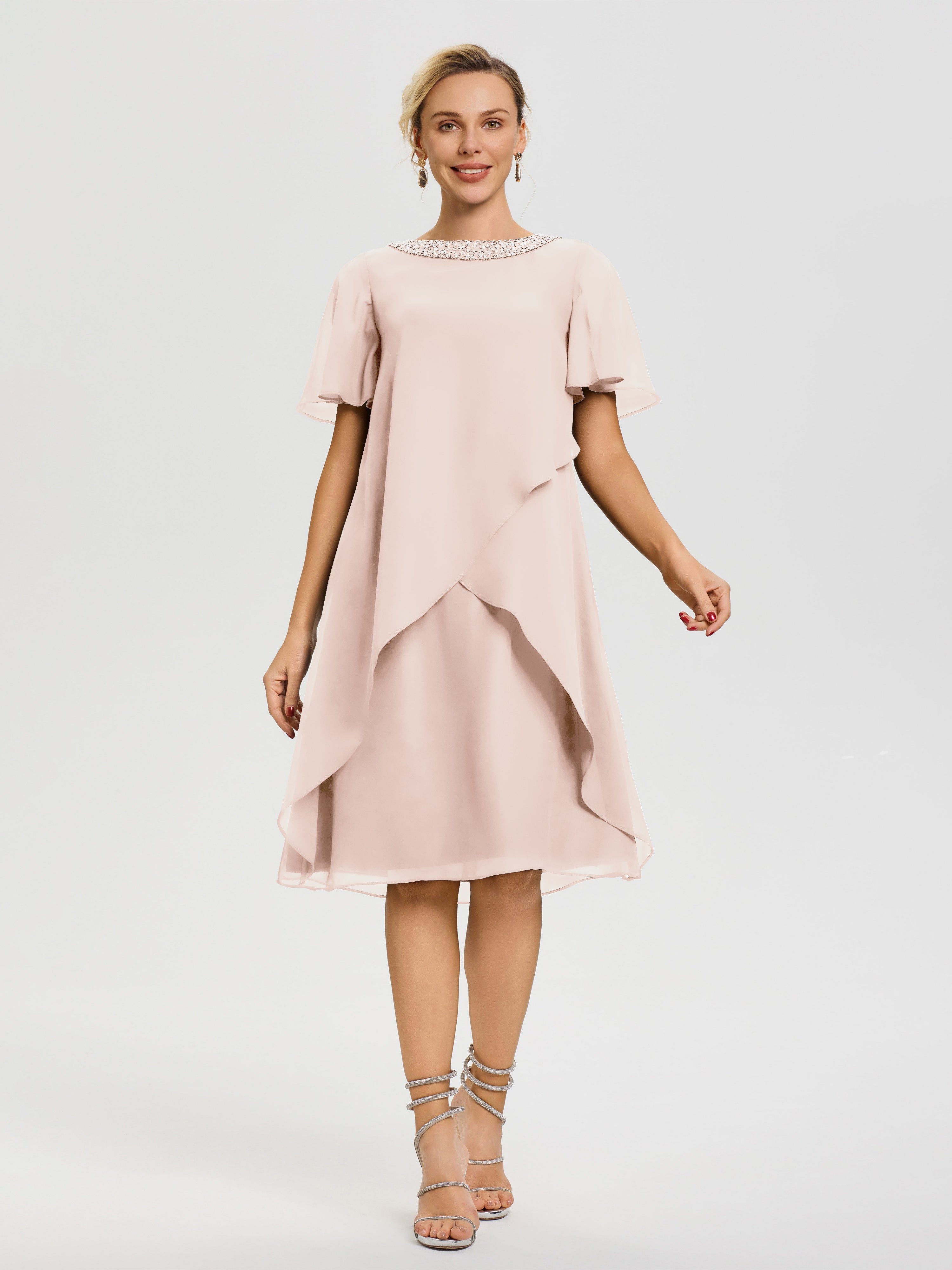 Robe Pour Mère De La Mariée Rose Perle Col Rond Mancherons Mousseline Robe Mariage Mère Du Marié