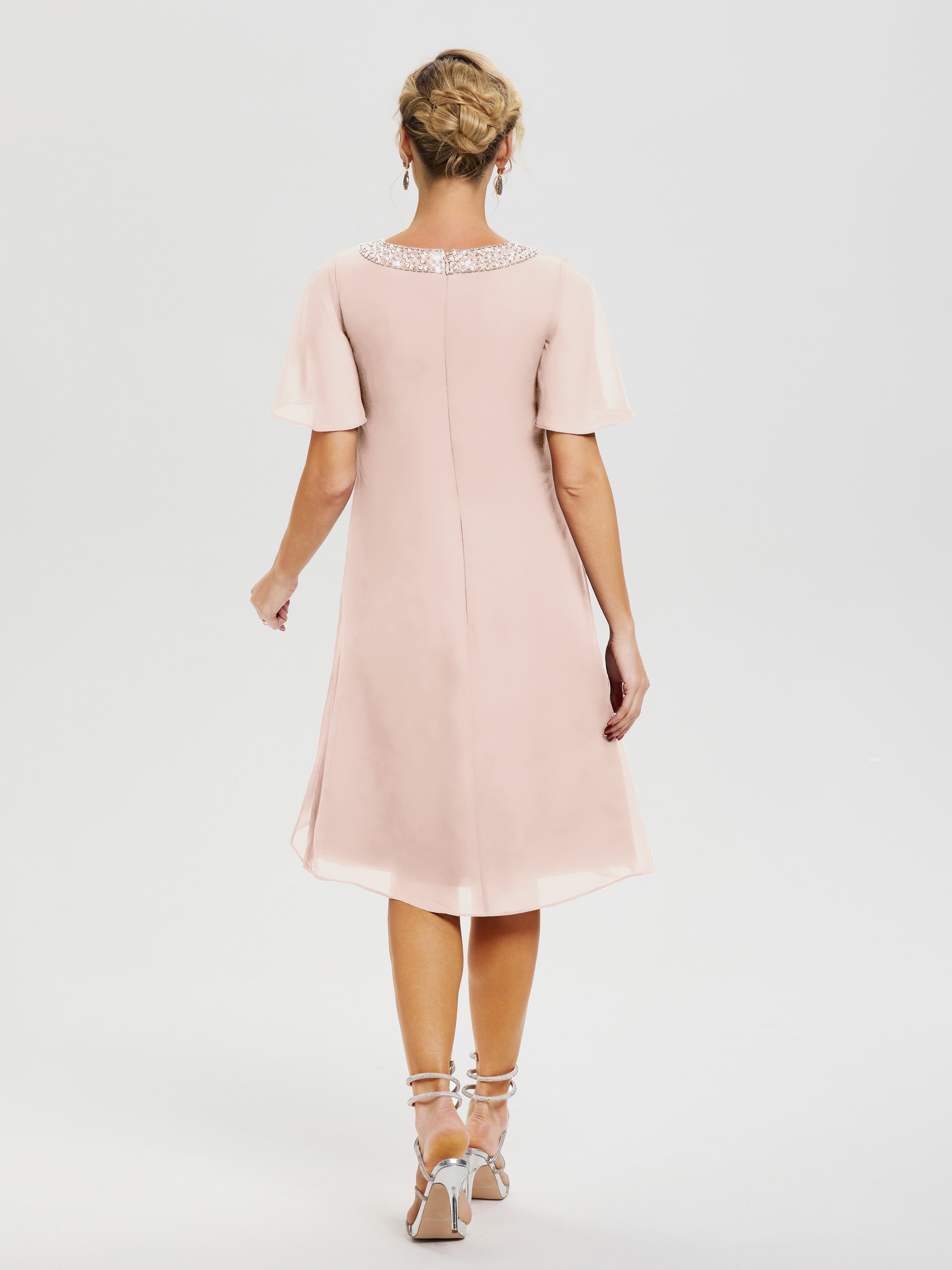 Robe Pour Mère De La Mariée Rose Perle Col Rond Mancherons Mousseline Robe Mariage Mère Du Marié