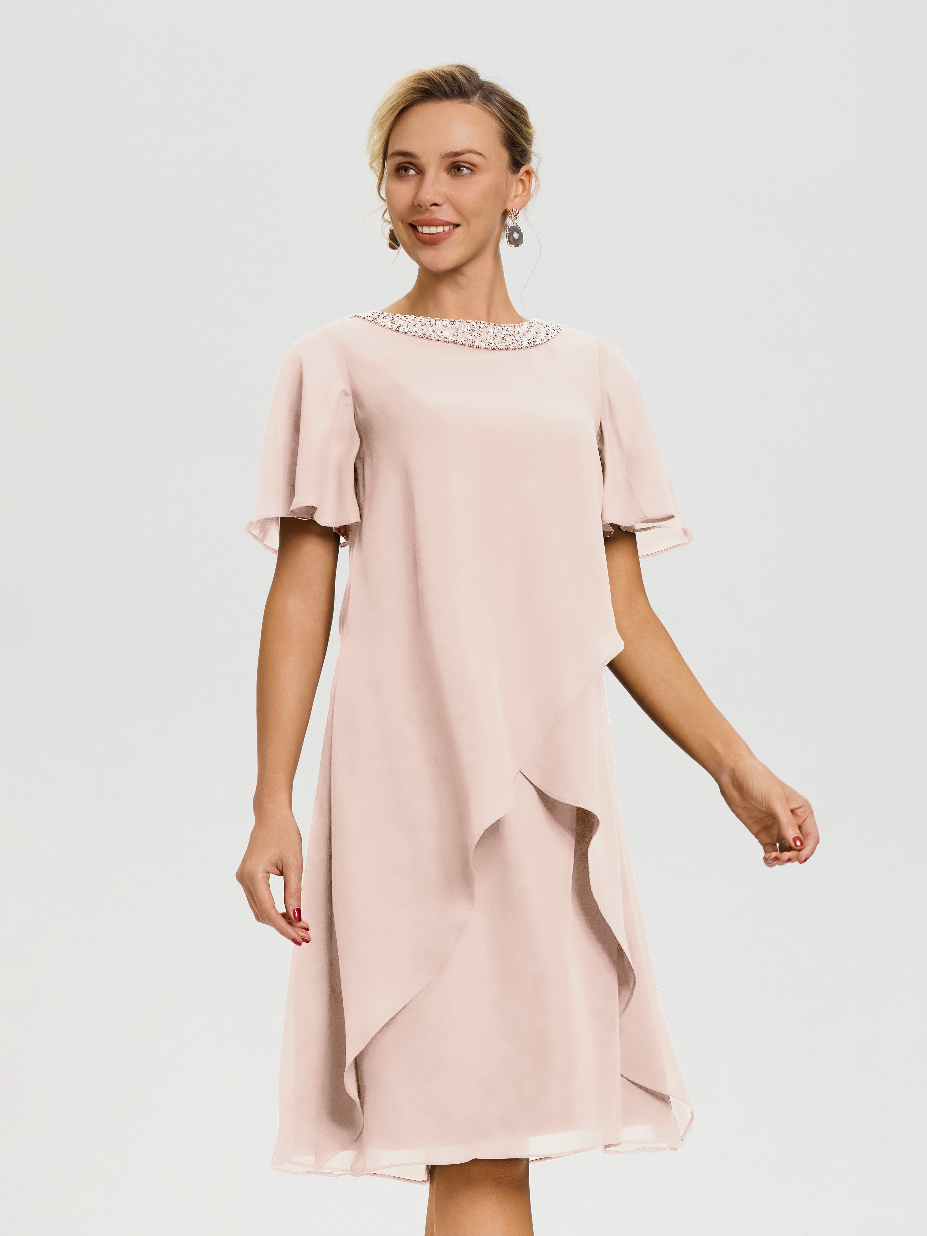 Robe Pour Mère De La Mariée Rose Perle Col Rond Mancherons Mousseline Robe Mariage Mère Du Marié