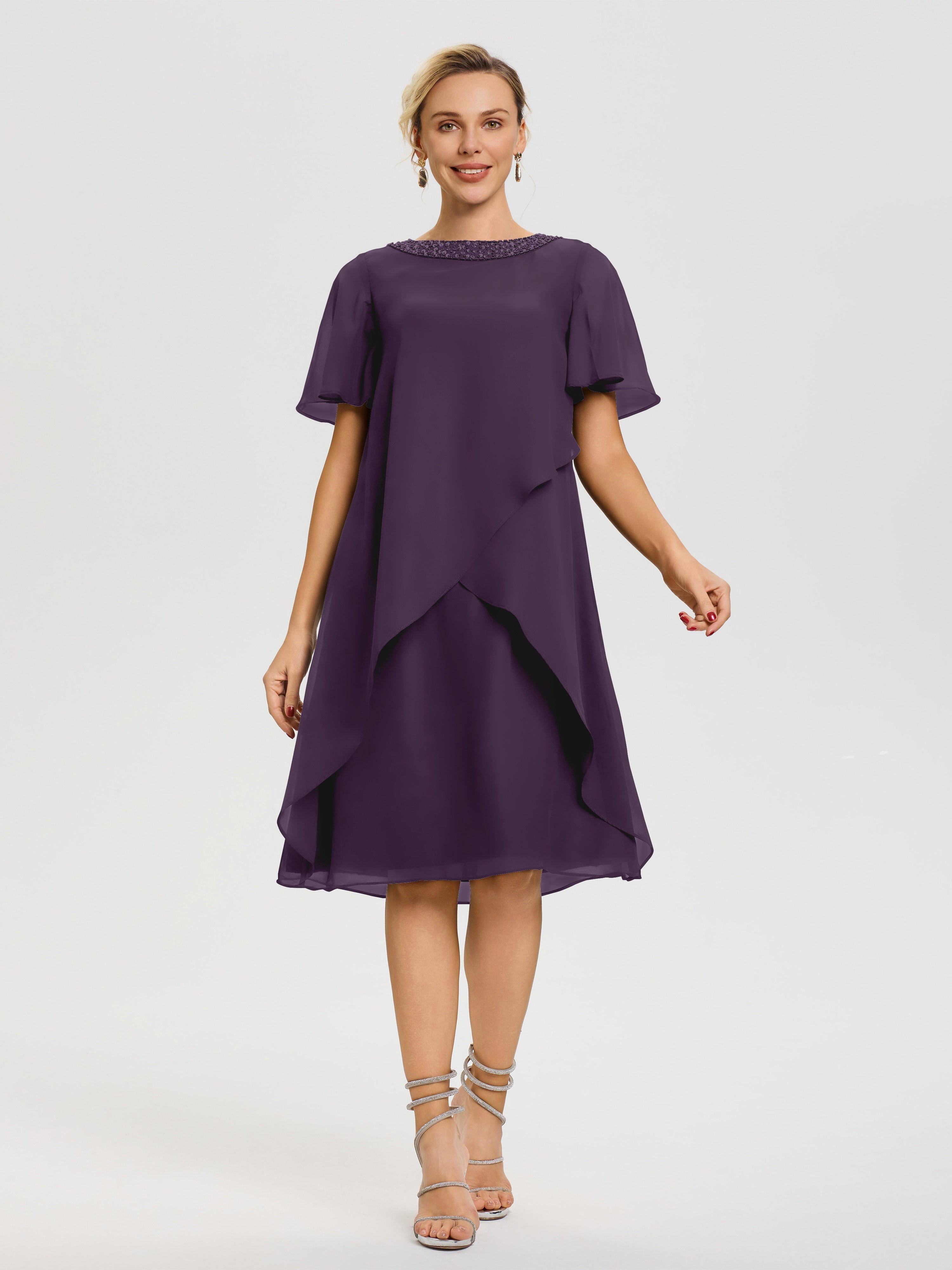 Robe Pour Mère De La Mariée Plum Col Rond Mancherons Mousseline Robe Mariage Mère Du Marié