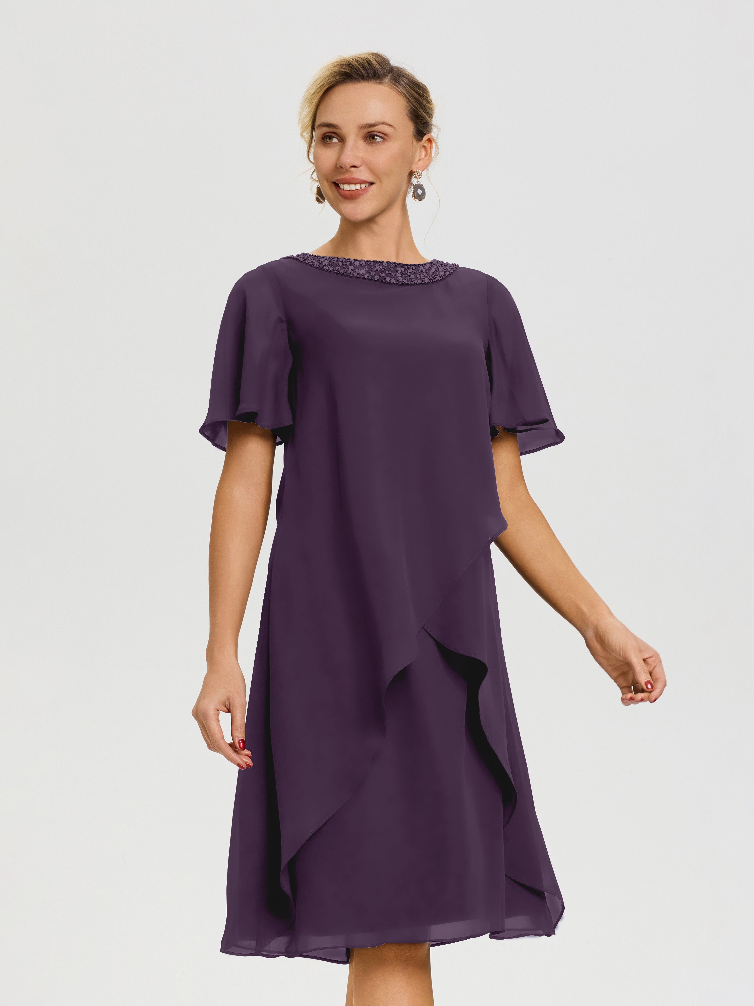 Robe Pour Mère De La Mariée Plum Col Rond Mancherons Mousseline Robe Mariage Mère Du Marié