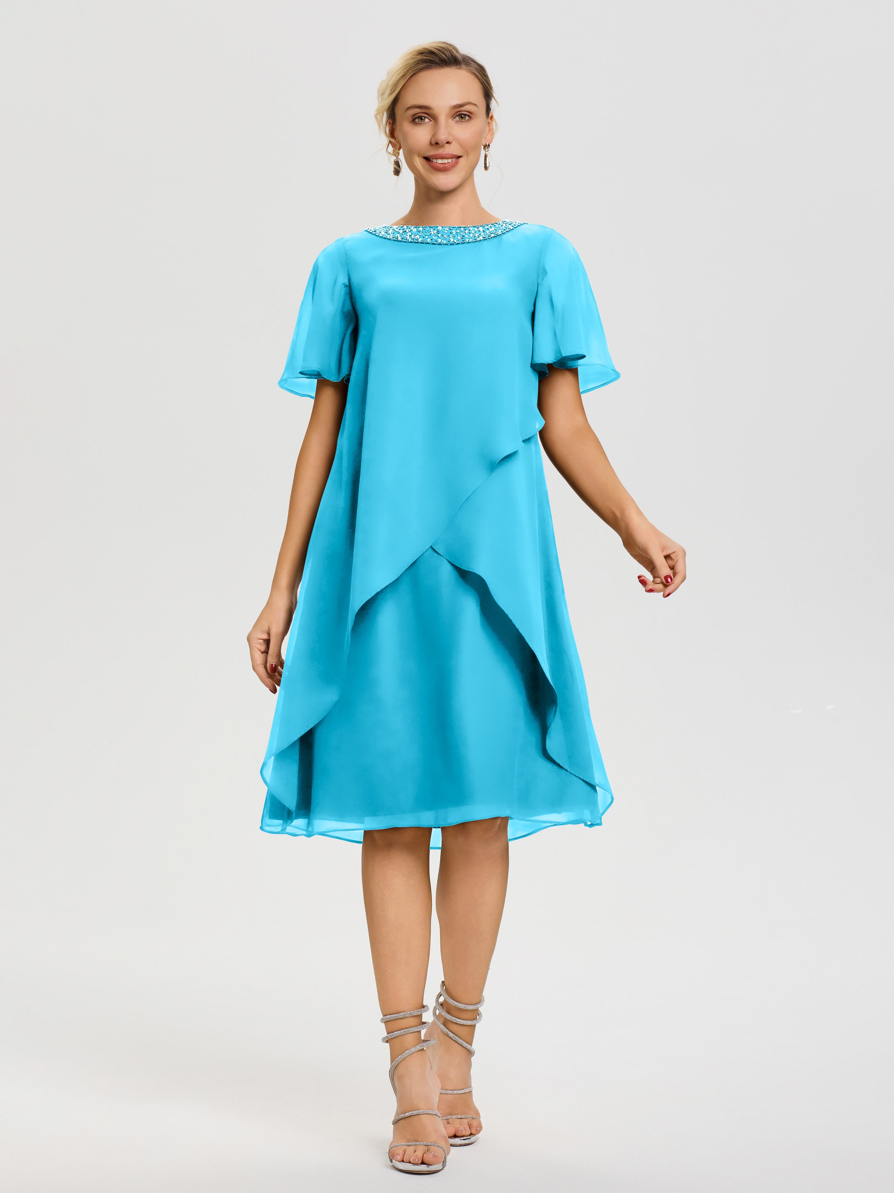 Robe Pour Mère De La Mariée Piscine Col Rond Mancherons Mousseline Robe Mariage Mère Du Marié