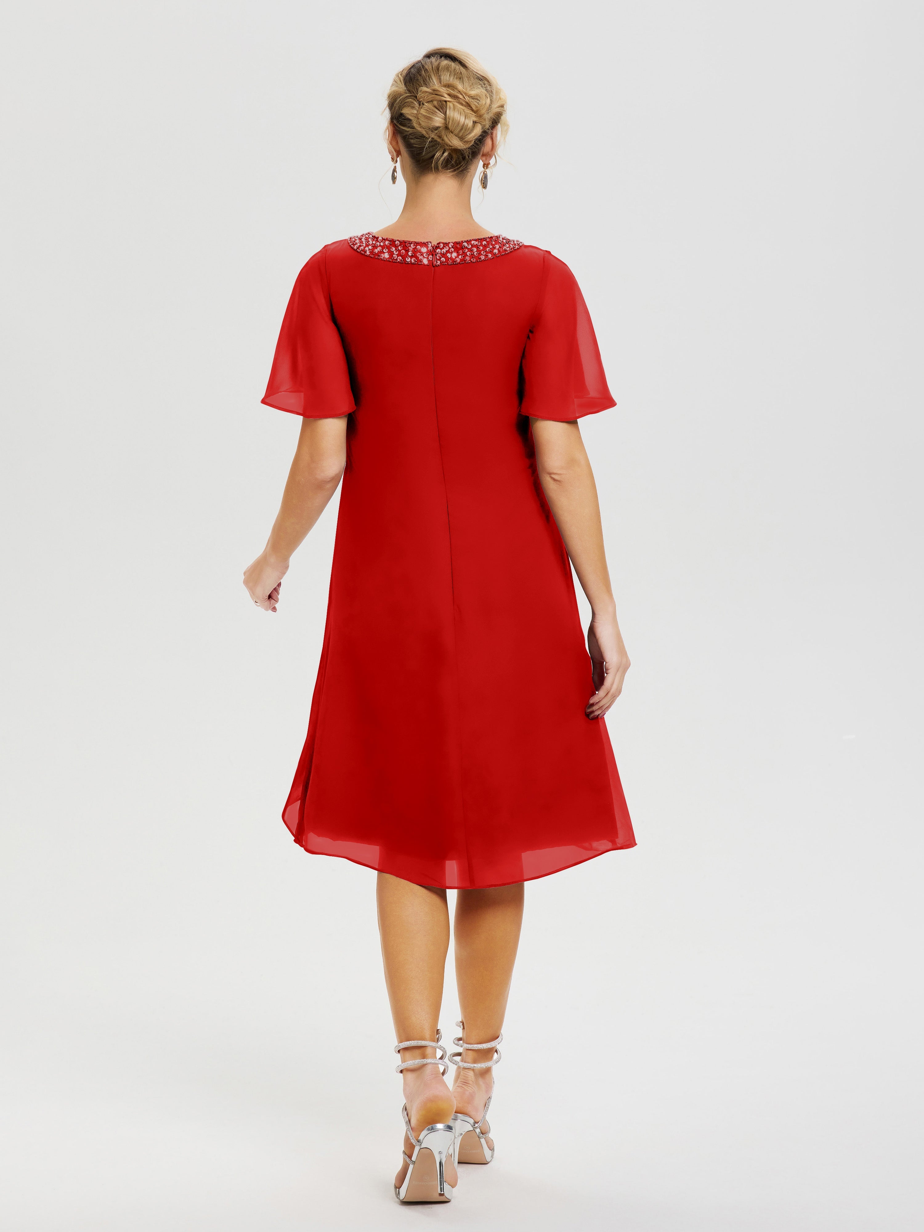 Robe Pour Mère De La Mariée Rouge Col Rond Mancherons Mousseline Robe Mariage Mère Du Marié