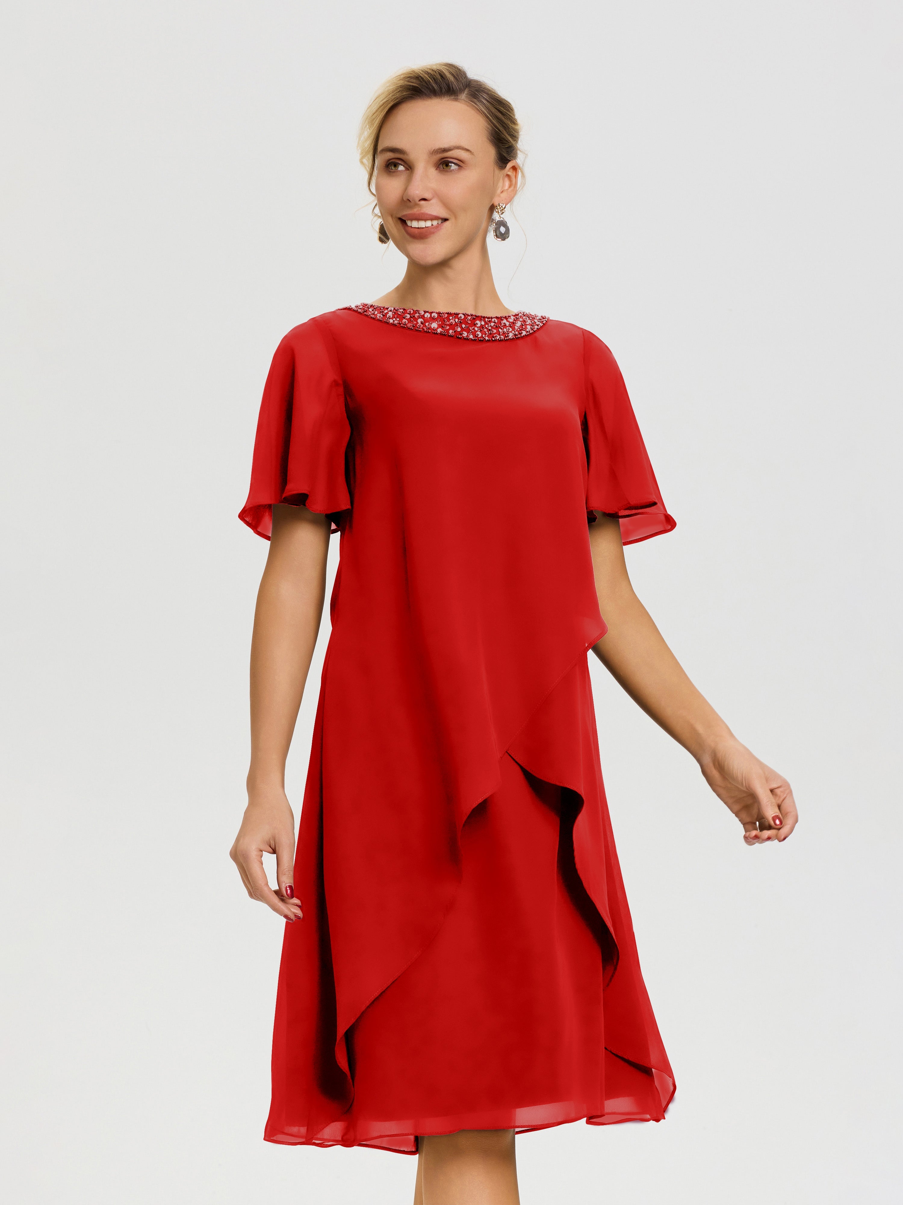 Robe Pour Mère De La Mariée Rouge Col Rond Mancherons Mousseline Robe Mariage Mère Du Marié