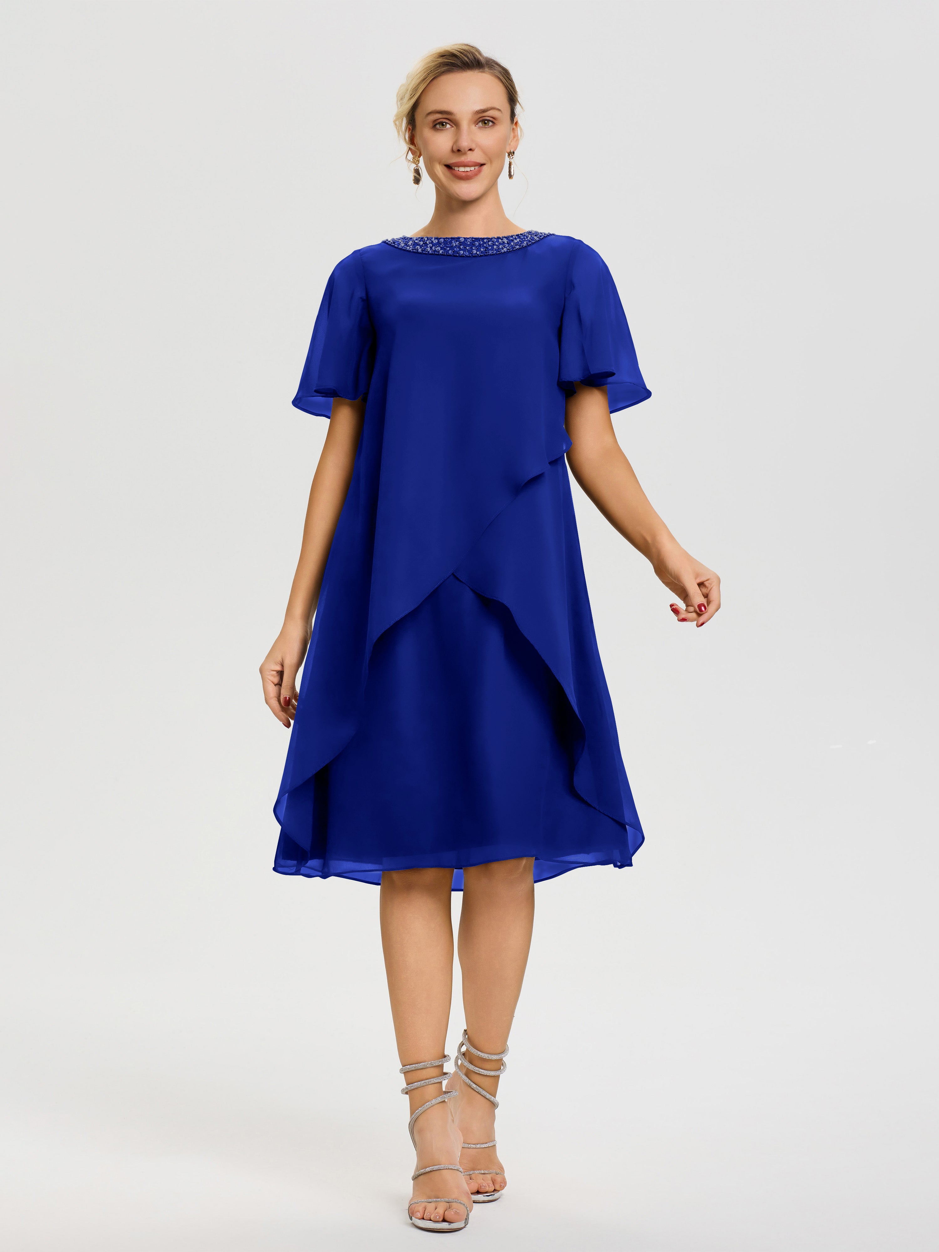 Robe Mère De La Mariée Moderne Bleu Royale Col Rond Mancherons Mousseline Robe Mariage Mère Du Marié