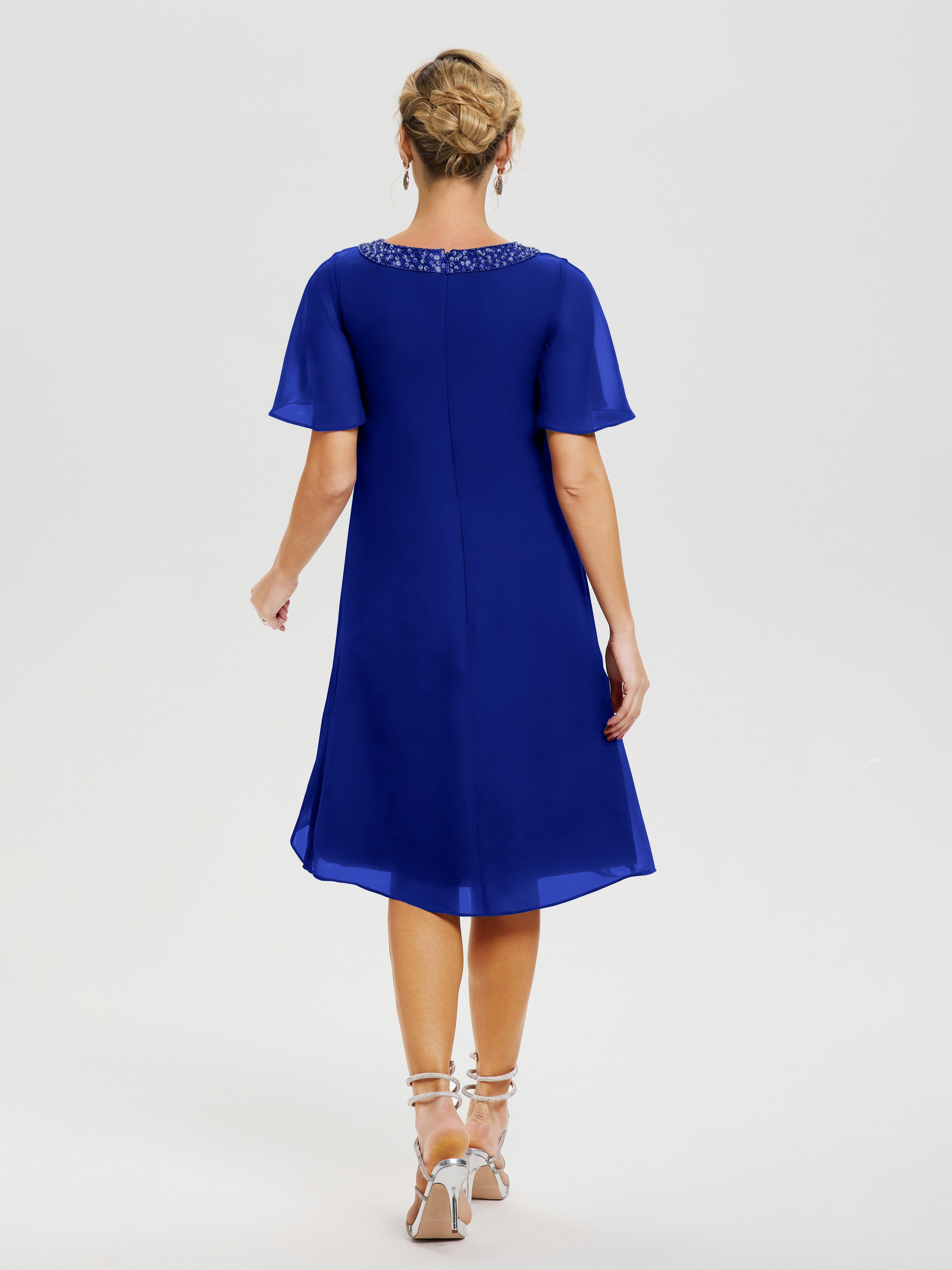 Robe Mère De La Mariée Moderne Bleu Royale Col Rond Mancherons Mousseline Robe Mariage Mère Du Marié