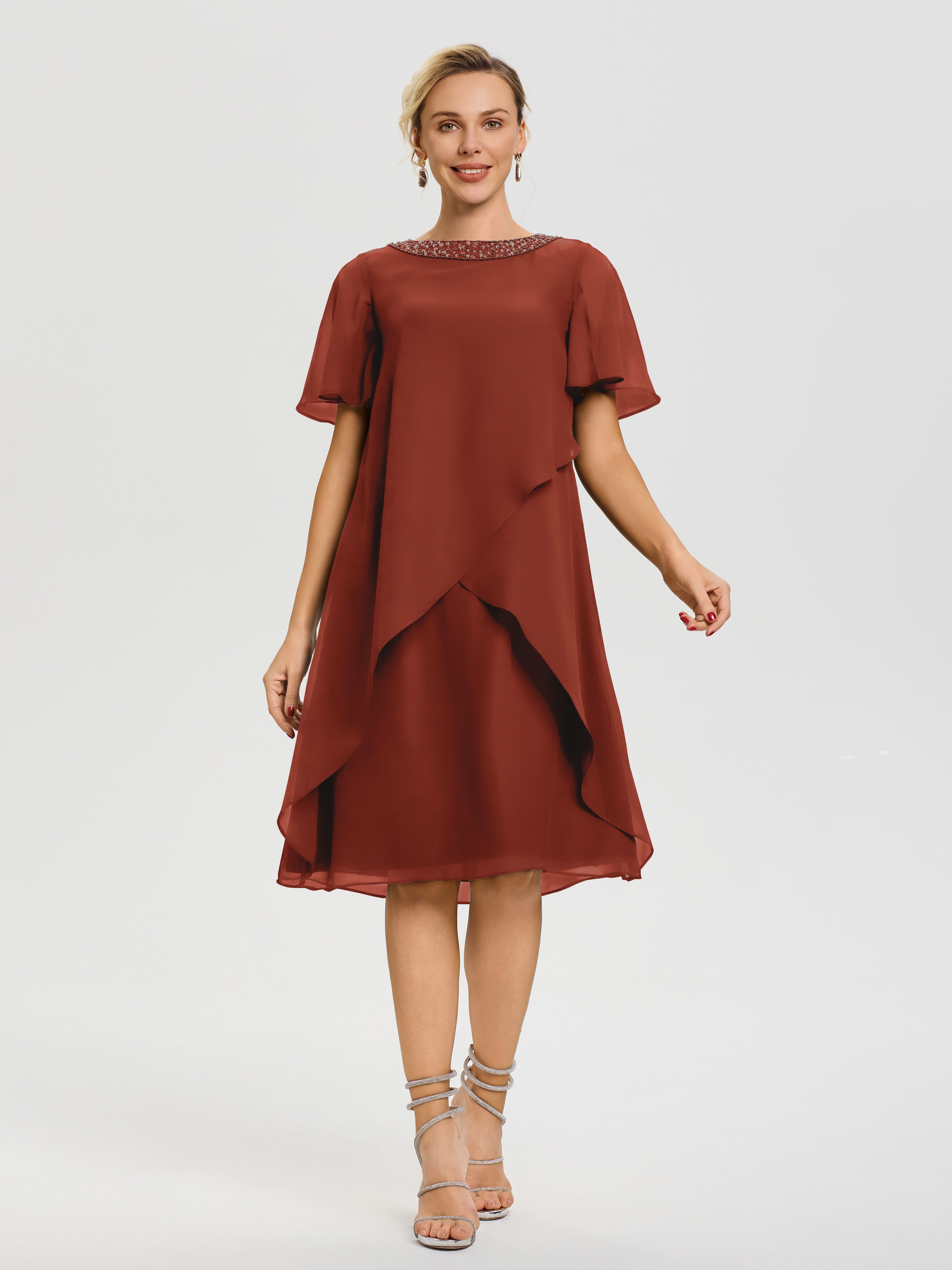 Robe Pour Mère De La Mariée Rouille Col Rond Mancherons Mousseline Robe Mariage Mère Du Marié