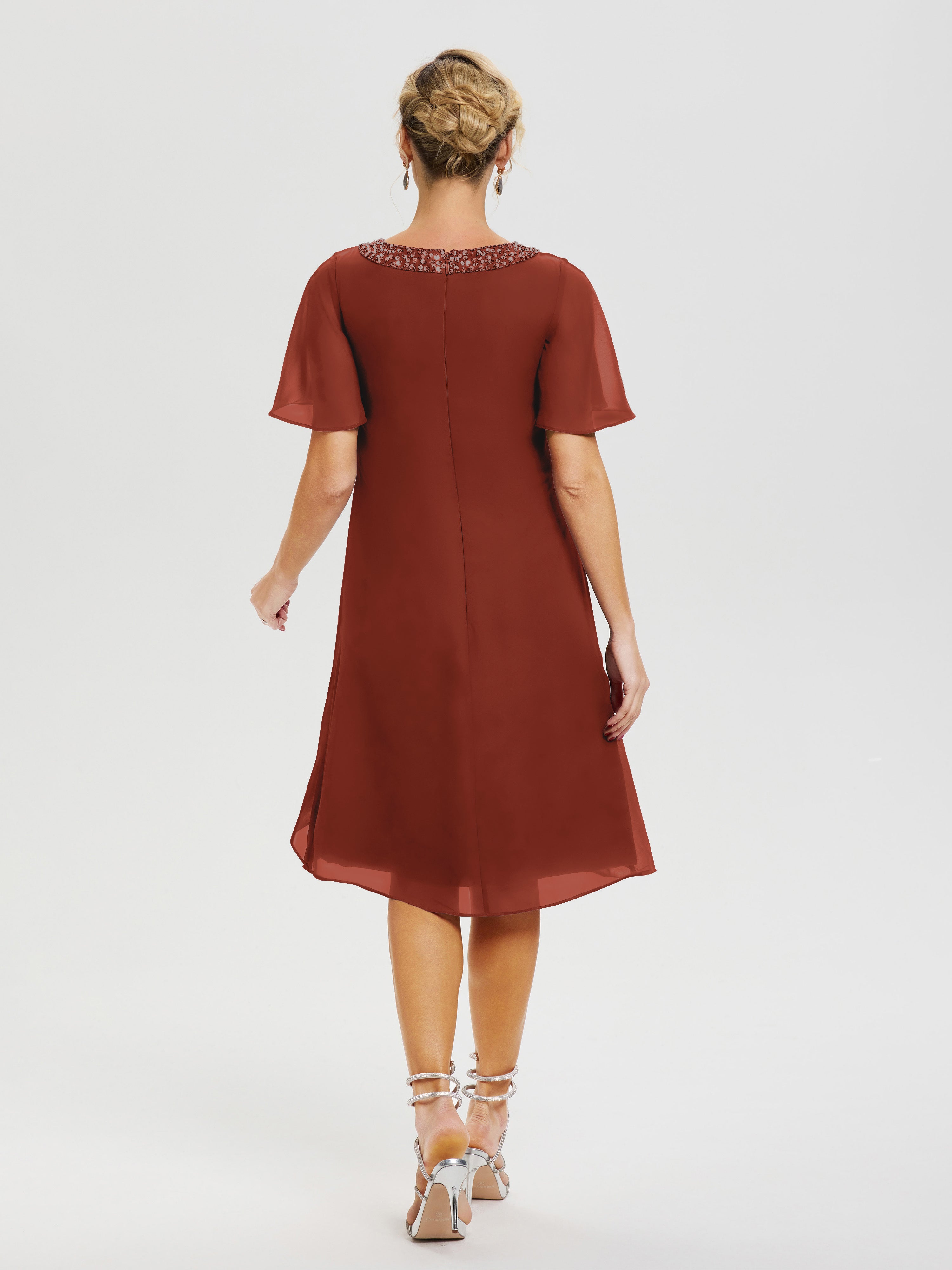 Robe Pour Mère De La Mariée Rouille Col Rond Mancherons Mousseline Robe Mariage Mère Du Marié