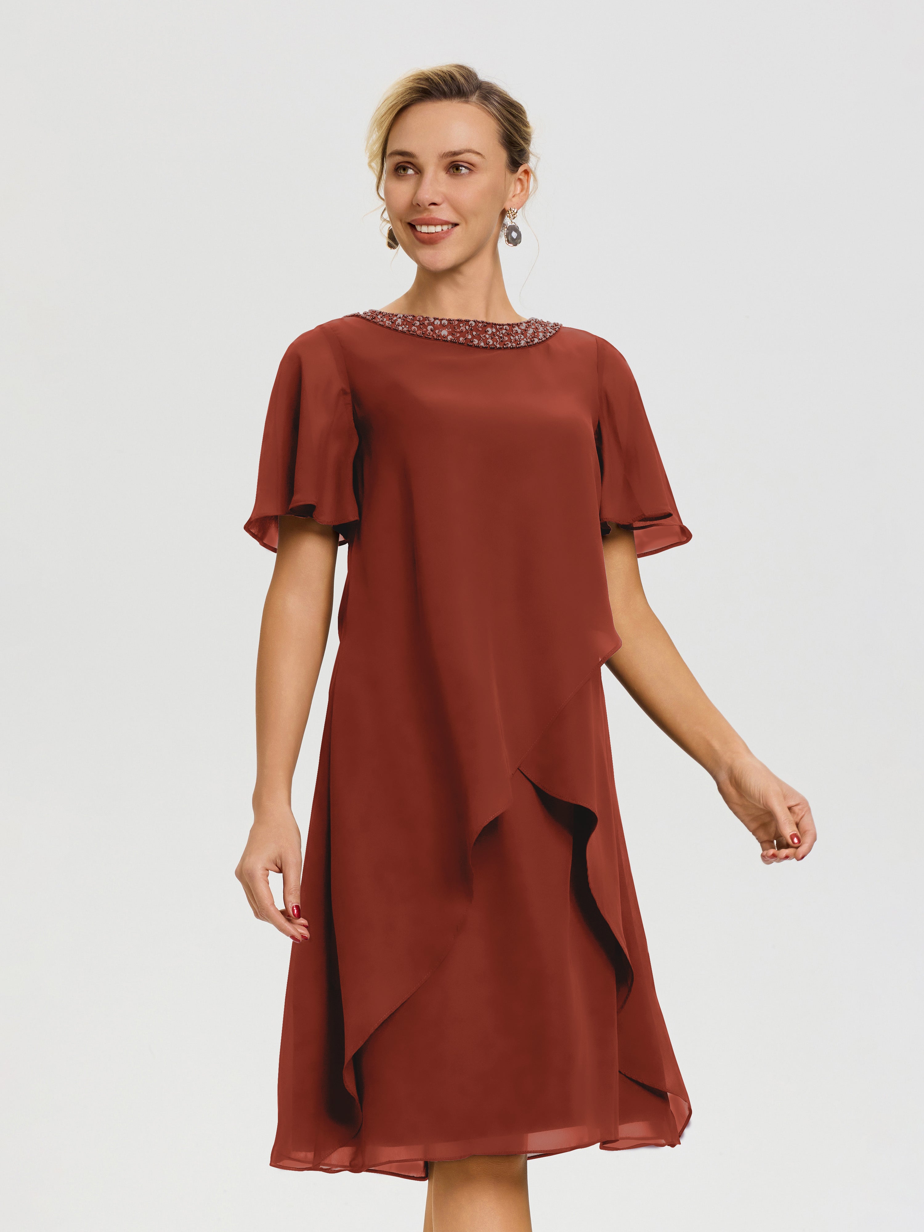 Robe Pour Mère De La Mariée Rouille Col Rond Mancherons Mousseline Robe Mariage Mère Du Marié