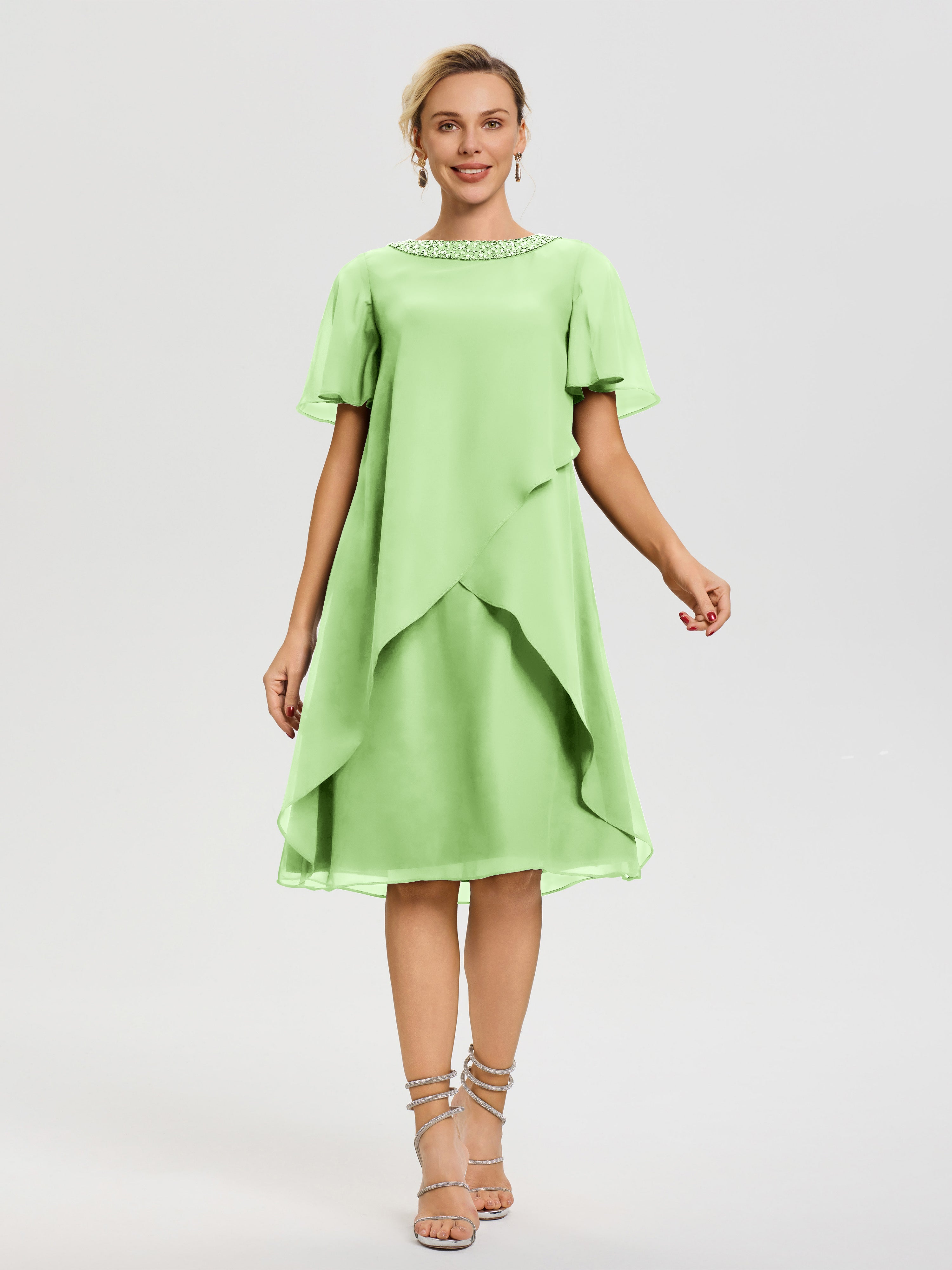 Robes Pour La Mère De La Mariée Sauge Col Rond Mancherons Mousseline Robe Mariage Mère Du Marié