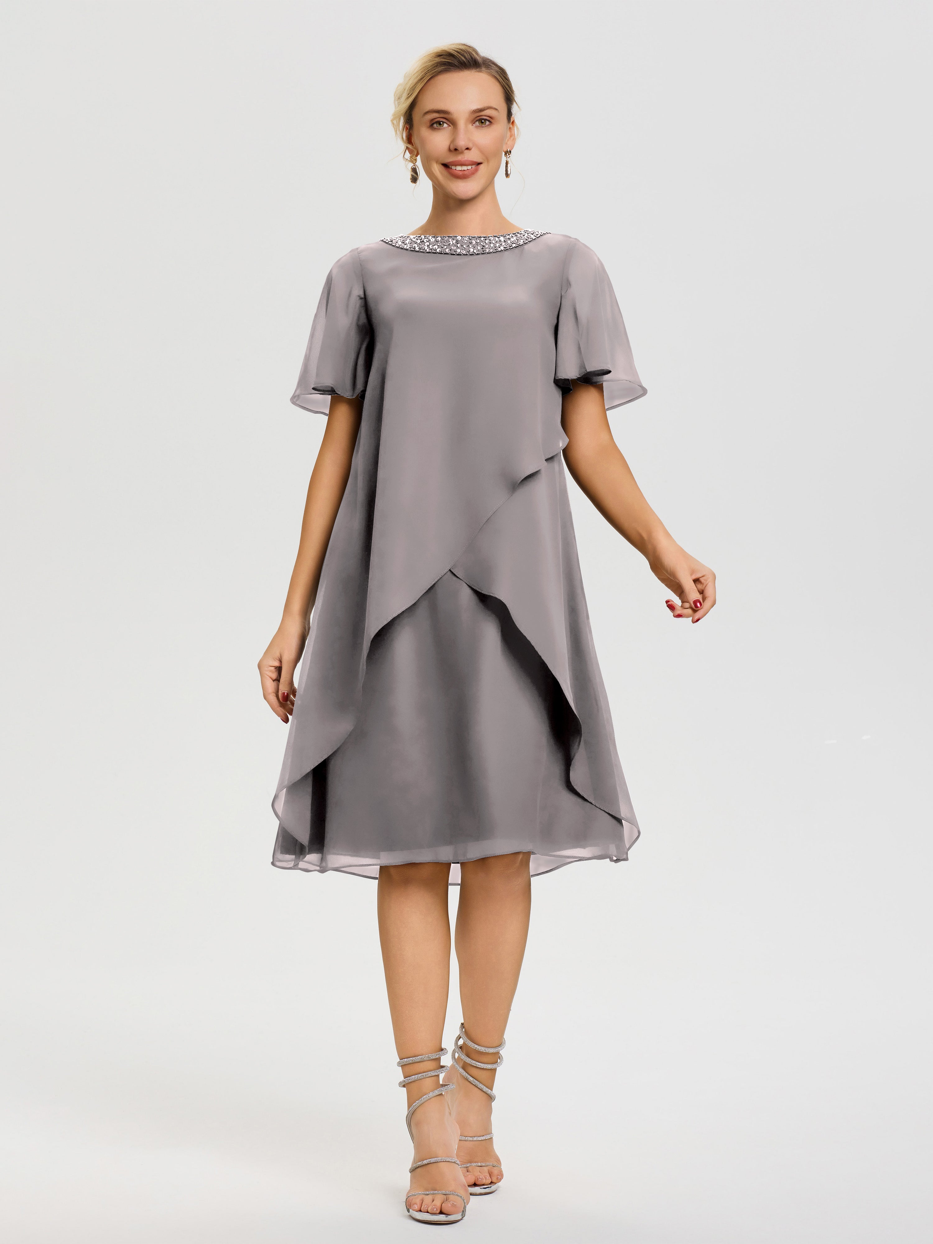 Robe Mère De La Mariée Moderne Argent Col Rond Mancherons Mousseline Robe Mariage Mère Du Marié