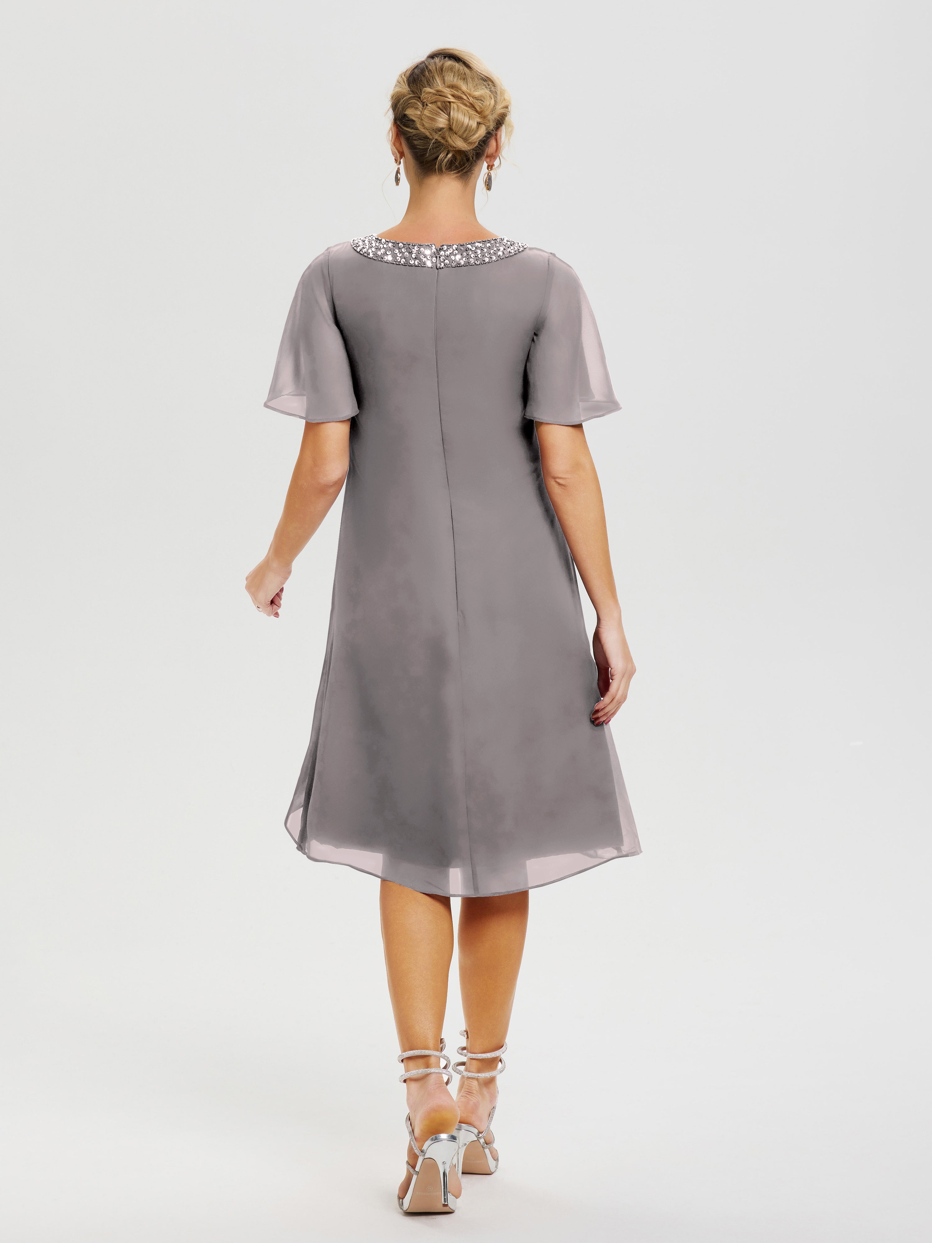 Robe Mère De La Mariée Moderne Argent Col Rond Mancherons Mousseline Robe Mariage Mère Du Marié
