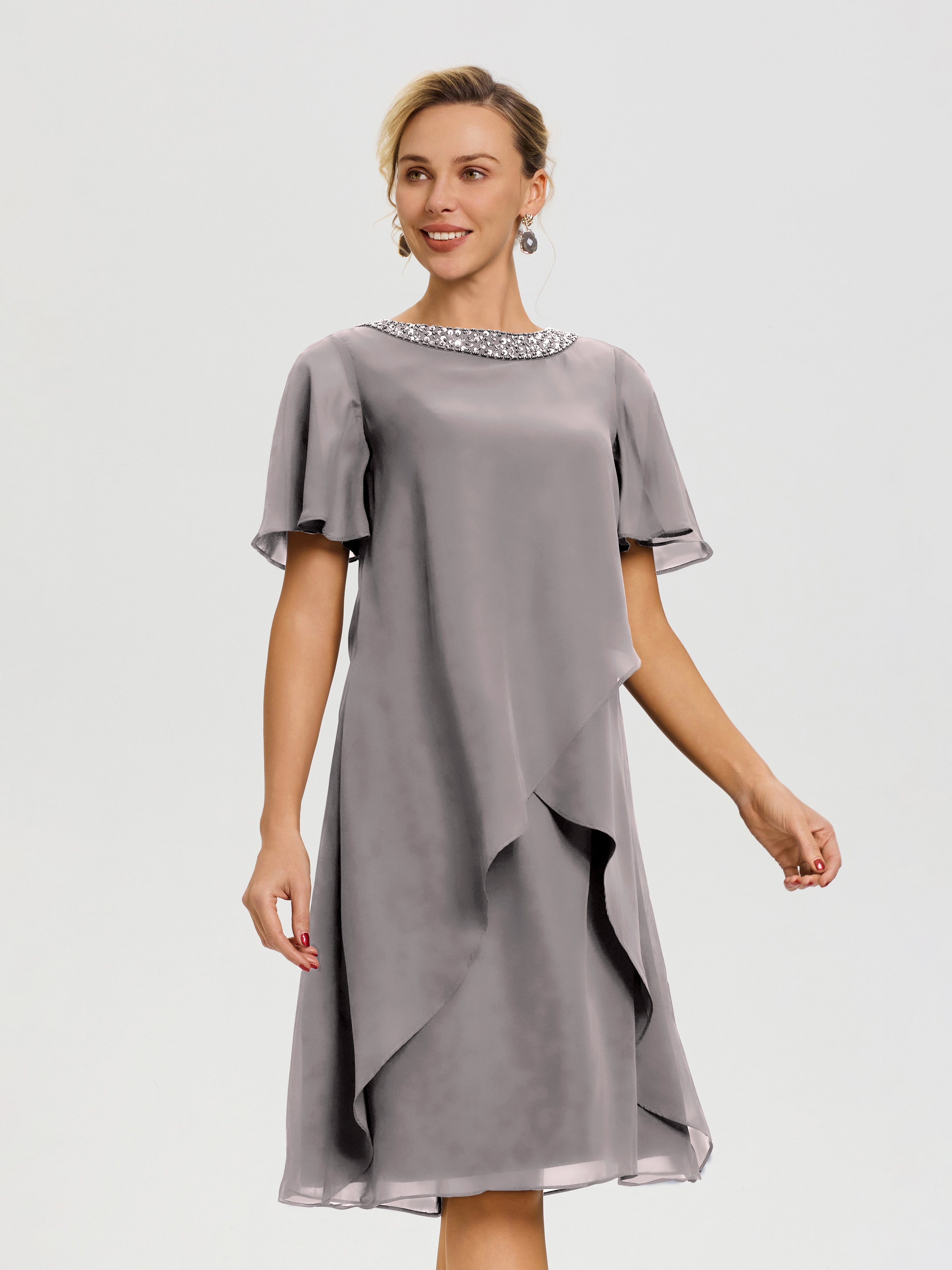 Robe Mère De La Mariée Moderne Argent Col Rond Mancherons Mousseline Robe Mariage Mère Du Marié