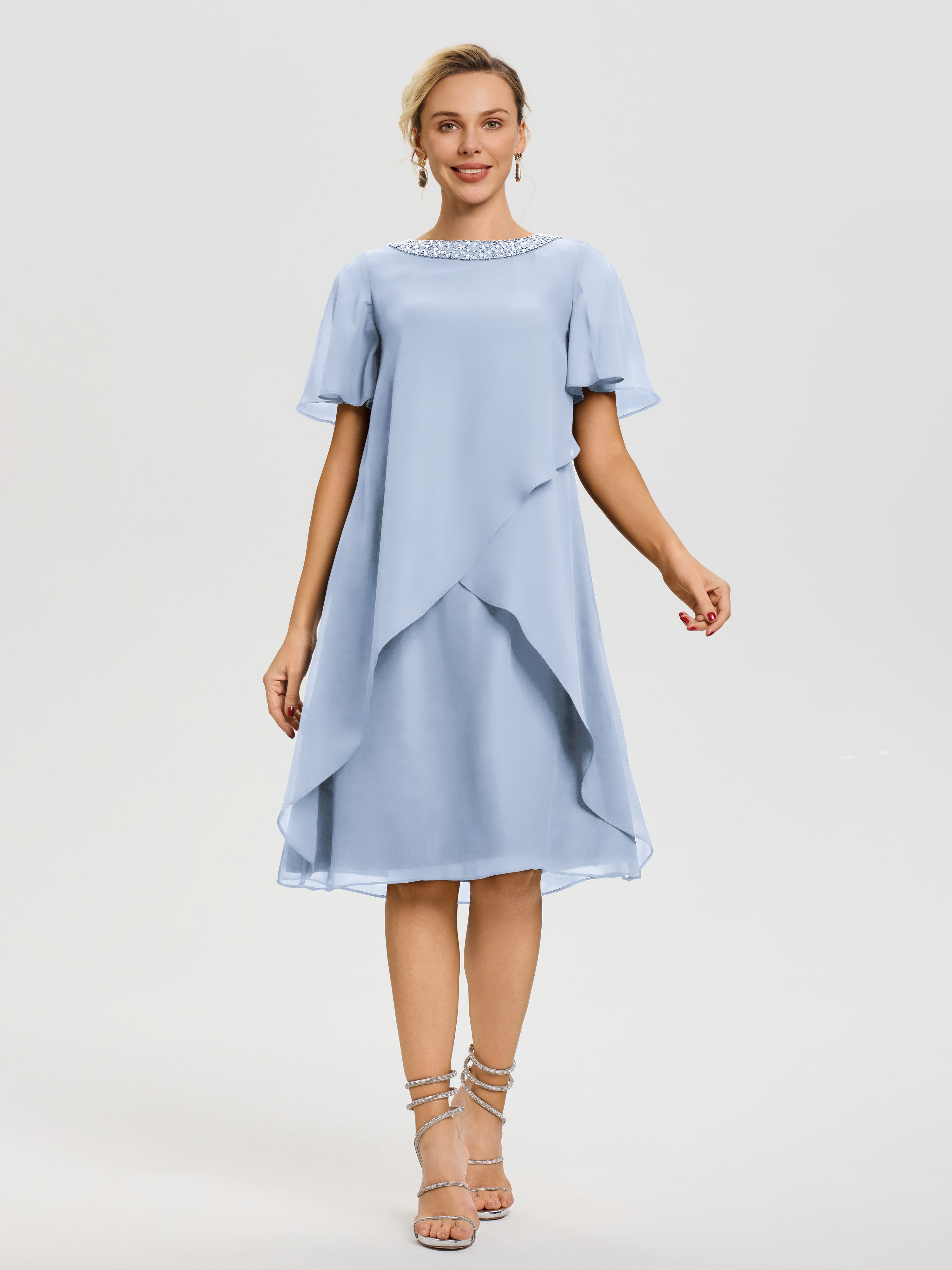 Robe Mère De La Mariée Moderne Bleu Ciel Col Rond Mancherons Mousseline Robe Mariage Mère Du Marié