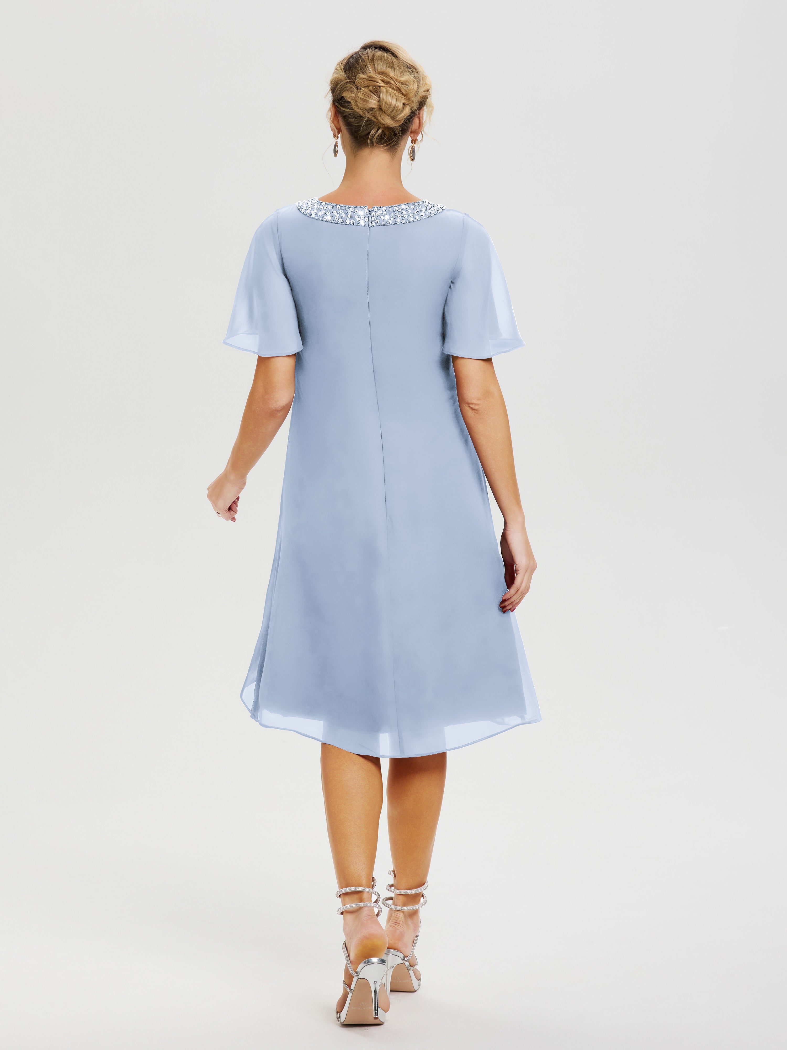 Robe Mère De La Mariée Moderne Bleu Ciel Col Rond Mancherons Mousseline Robe Mariage Mère Du Marié