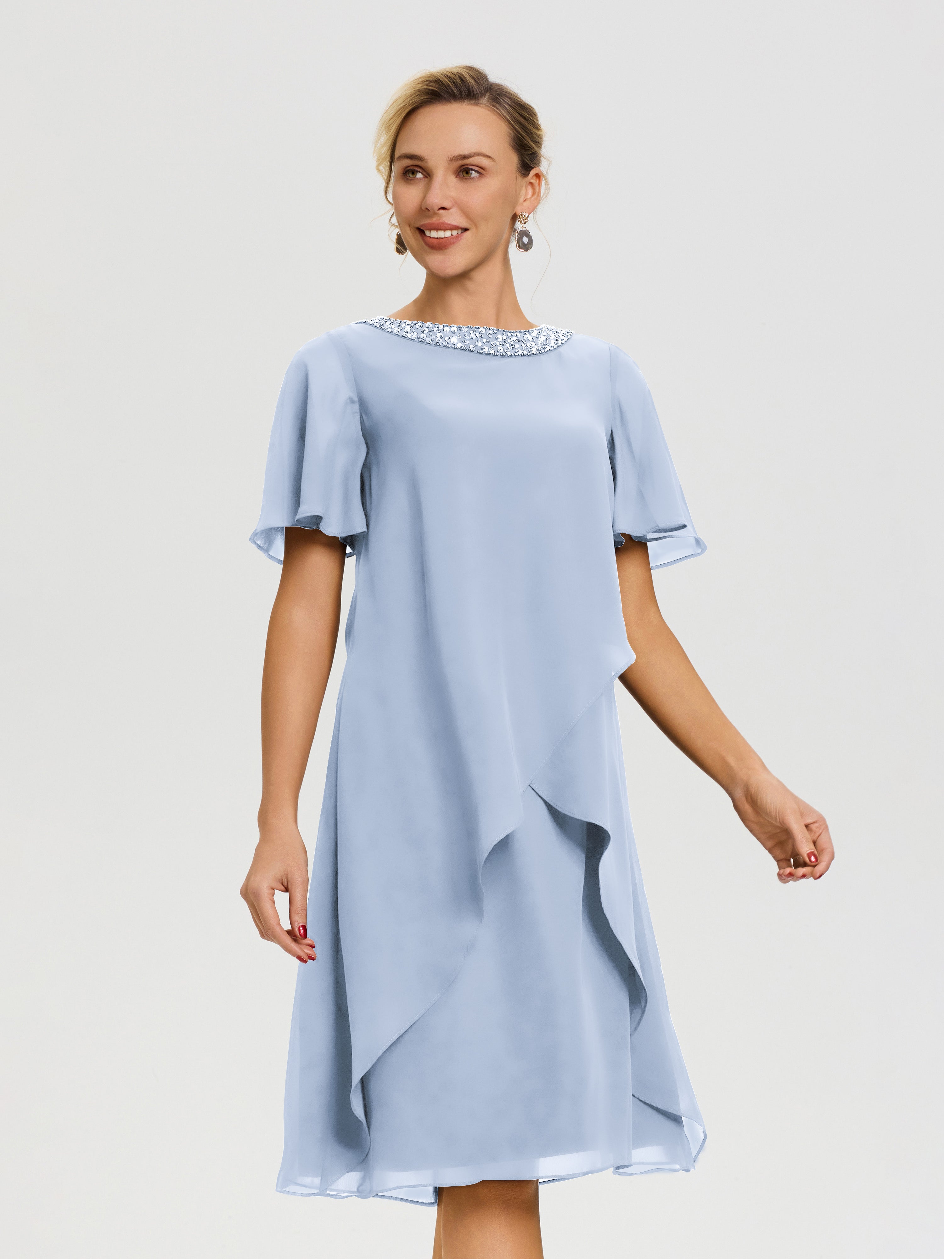 Robe Mère De La Mariée Moderne Bleu Ciel Col Rond Mancherons Mousseline Robe Mariage Mère Du Marié