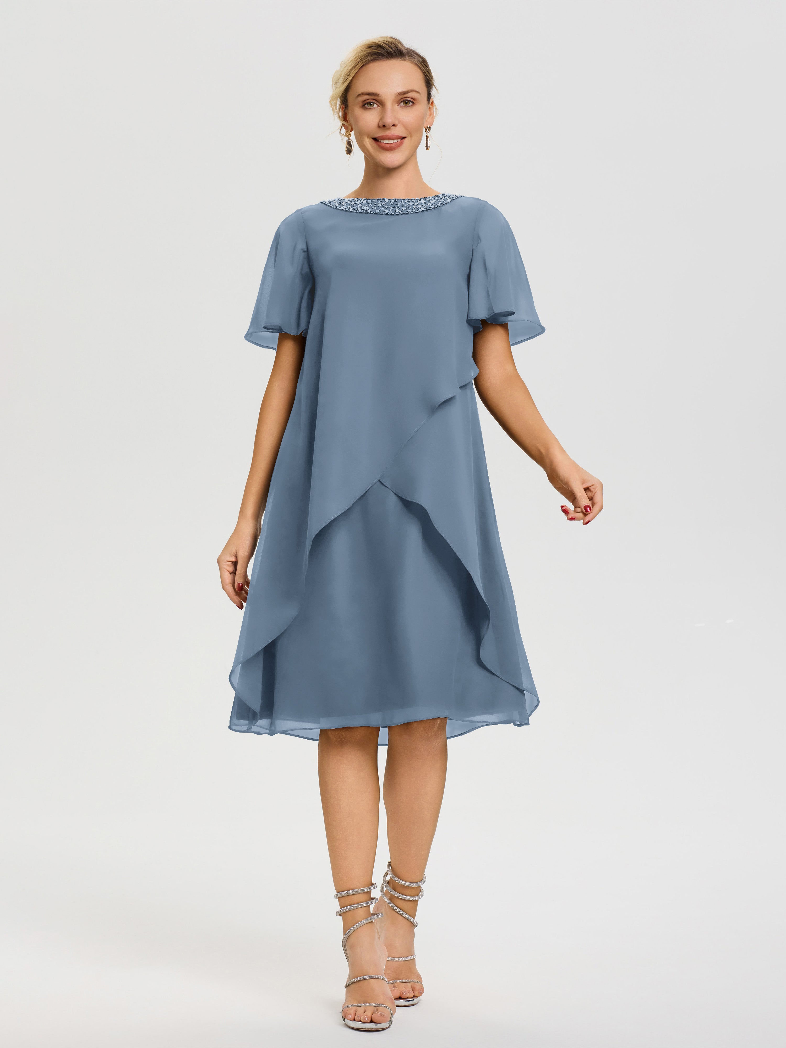 Robe Pour Mariage Mère Du Marié Bleu De Schiste Col-Rond-Mancherons-Mousseline-Robe-Mariage-Mere-Du-Marie