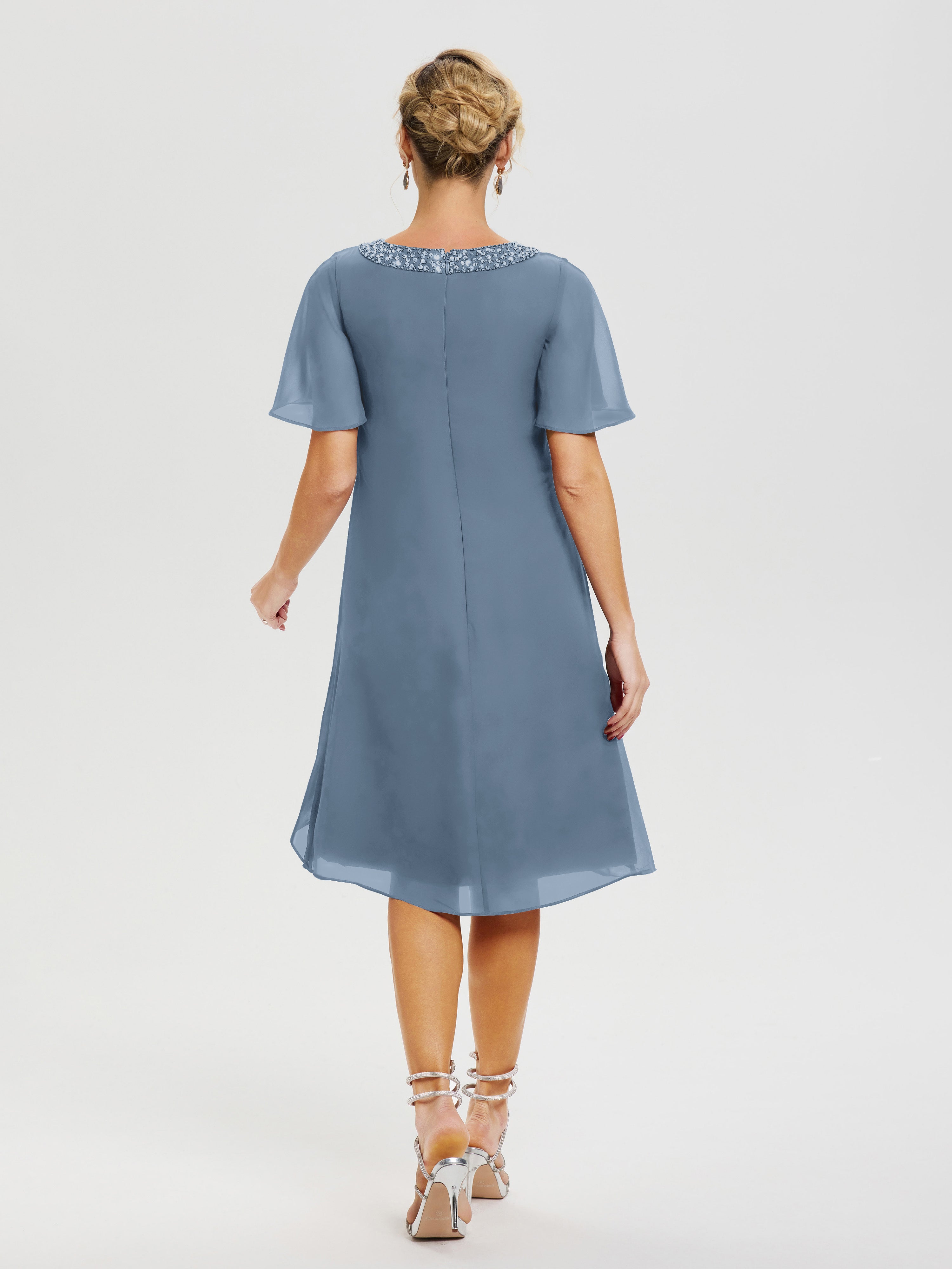 Robe Pour Mariage Mère Du Marié Bleu De Schiste Col-Rond-Mancherons-Mousseline-Robe-Mariage-Mere-Du-Marie