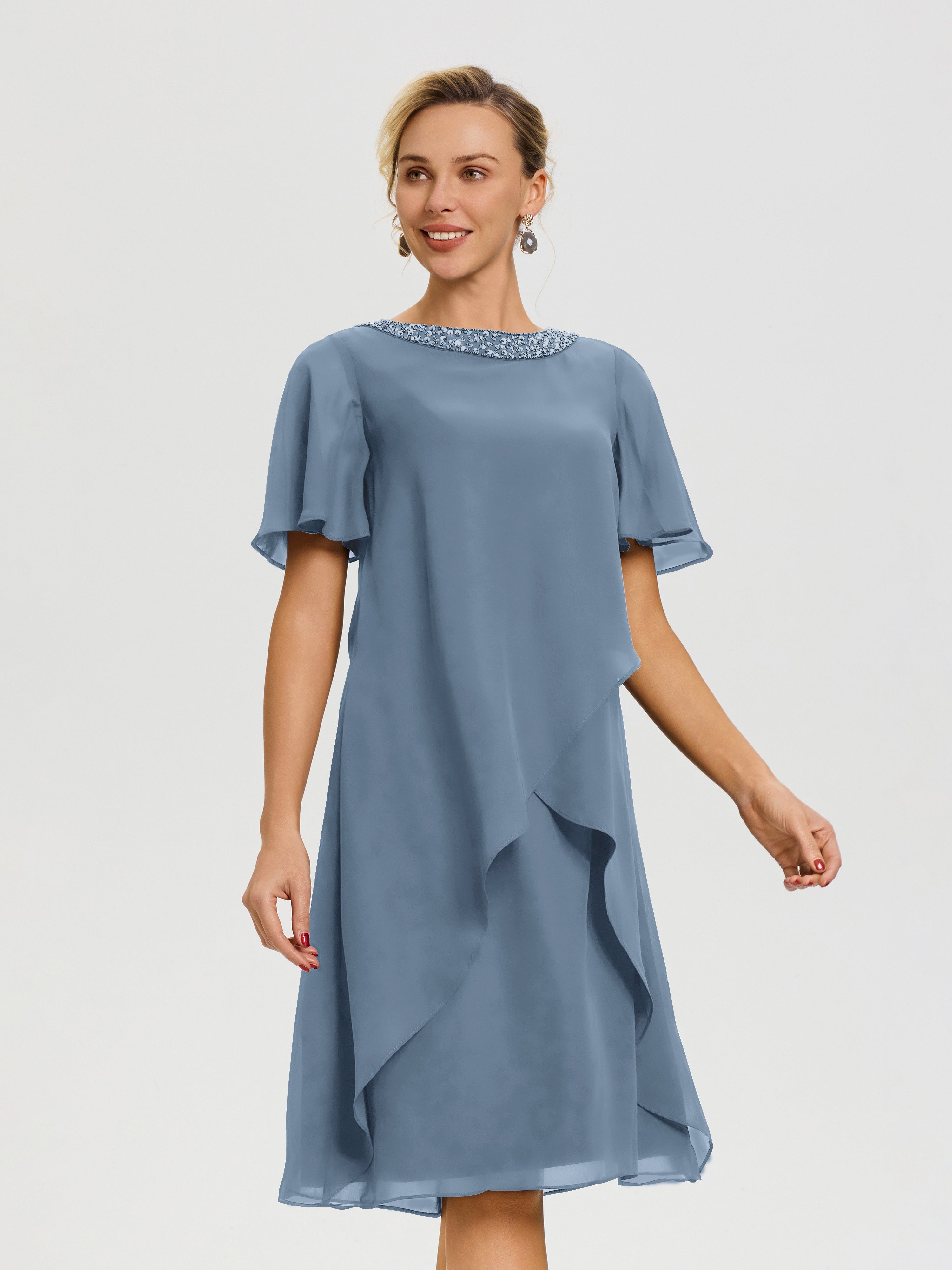 Robe Pour Mariage Mère Du Marié Bleu De Schiste Col-Rond-Mancherons-Mousseline-Robe-Mariage-Mere-Du-Marie