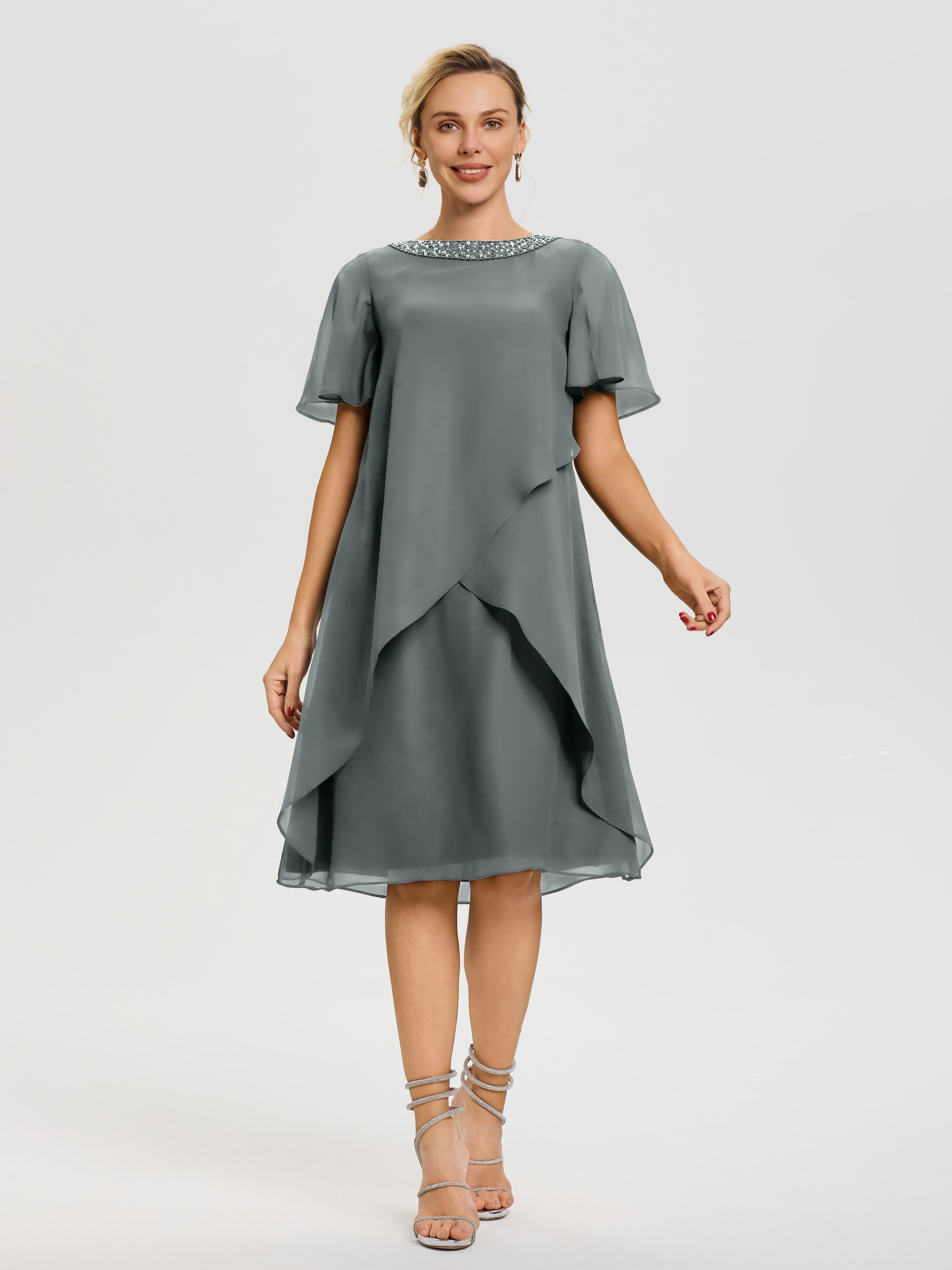 Robe Pour Mariage Mère Du Marié Gris Acier Col Rond Mancherons Mousseline Robe Mariage Mère Du Marié