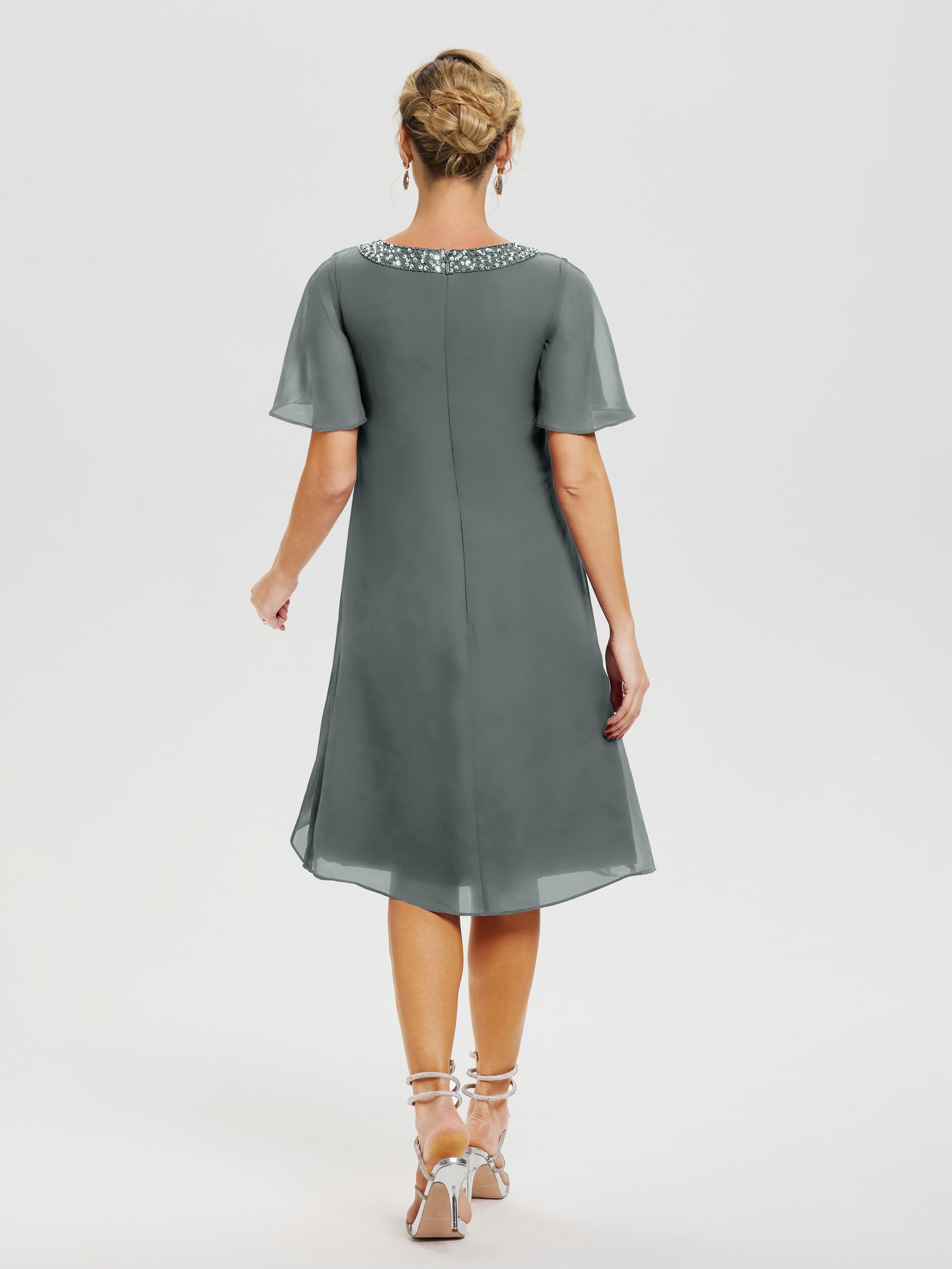 Robe Pour Mariage Mère Du Marié Gris Acier Col Rond Mancherons Mousseline Robe Mariage Mère Du Marié