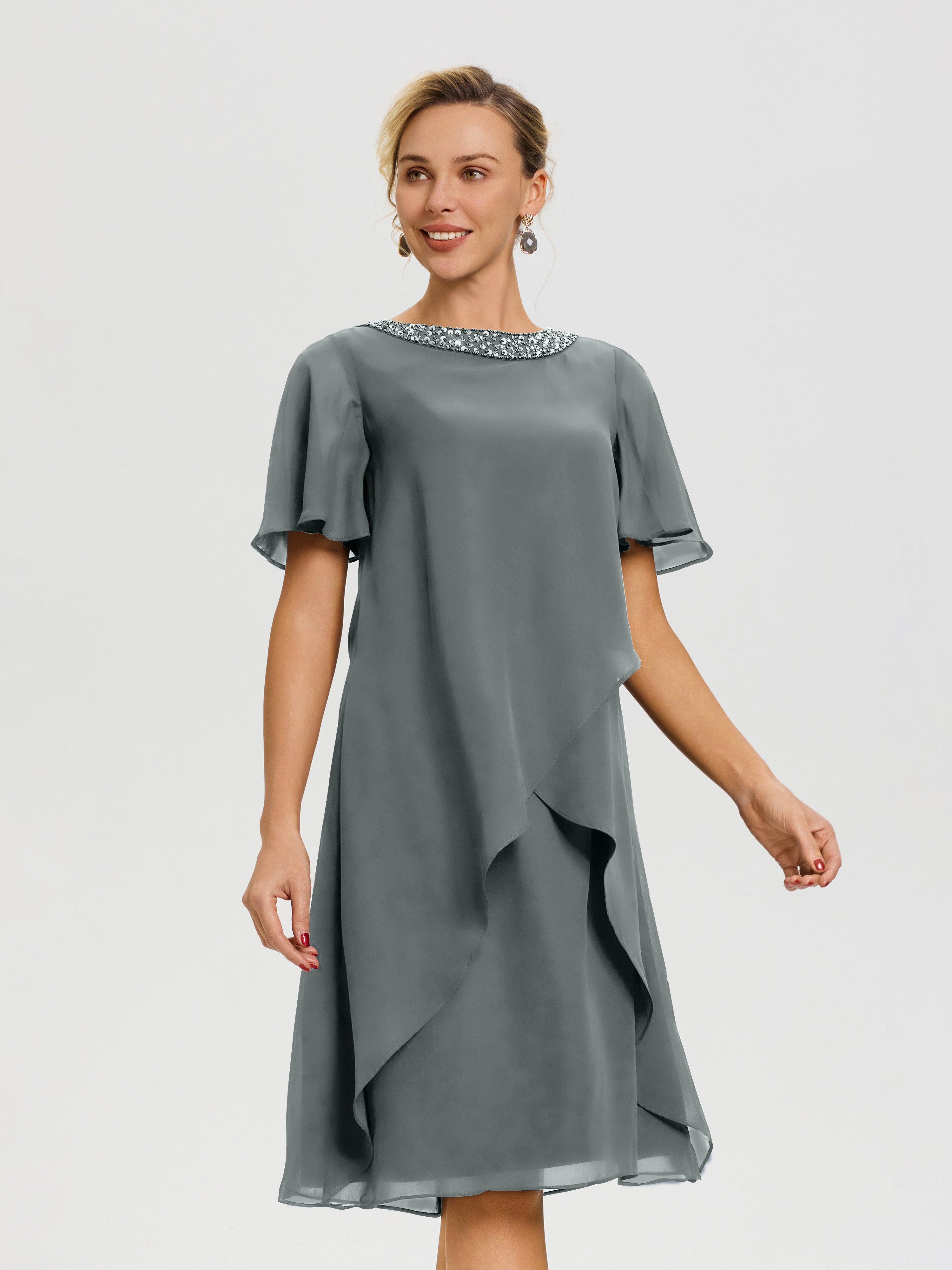 Robe Pour Mariage Mère Du Marié Gris Acier Col Rond Mancherons Mousseline Robe Mariage Mère Du Marié