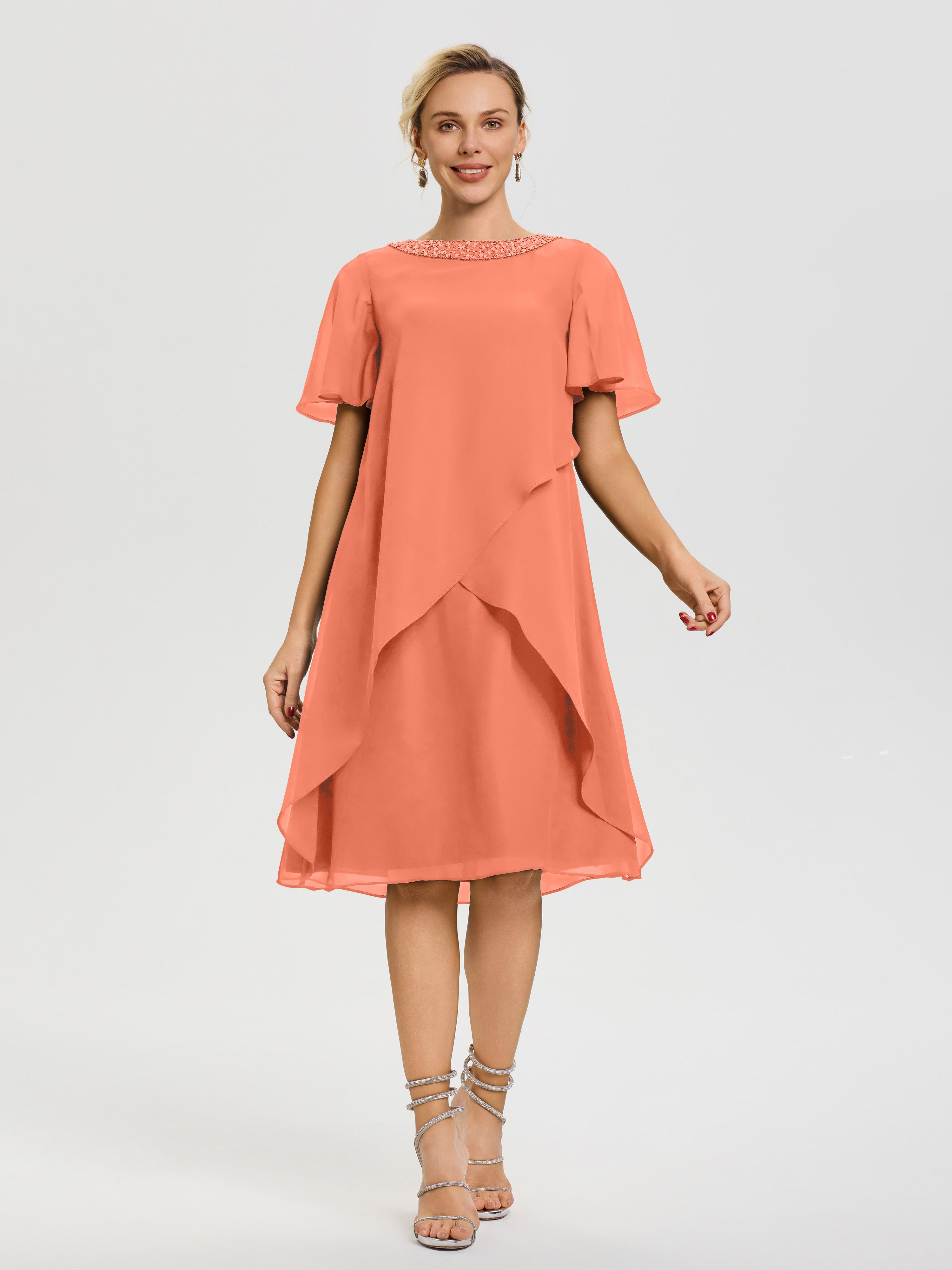 Robe Pour Mariage Mère Du Marié Coucher De Soleil Col Rond Mancherons Mousseline Robe Mariage Mère Du Marié