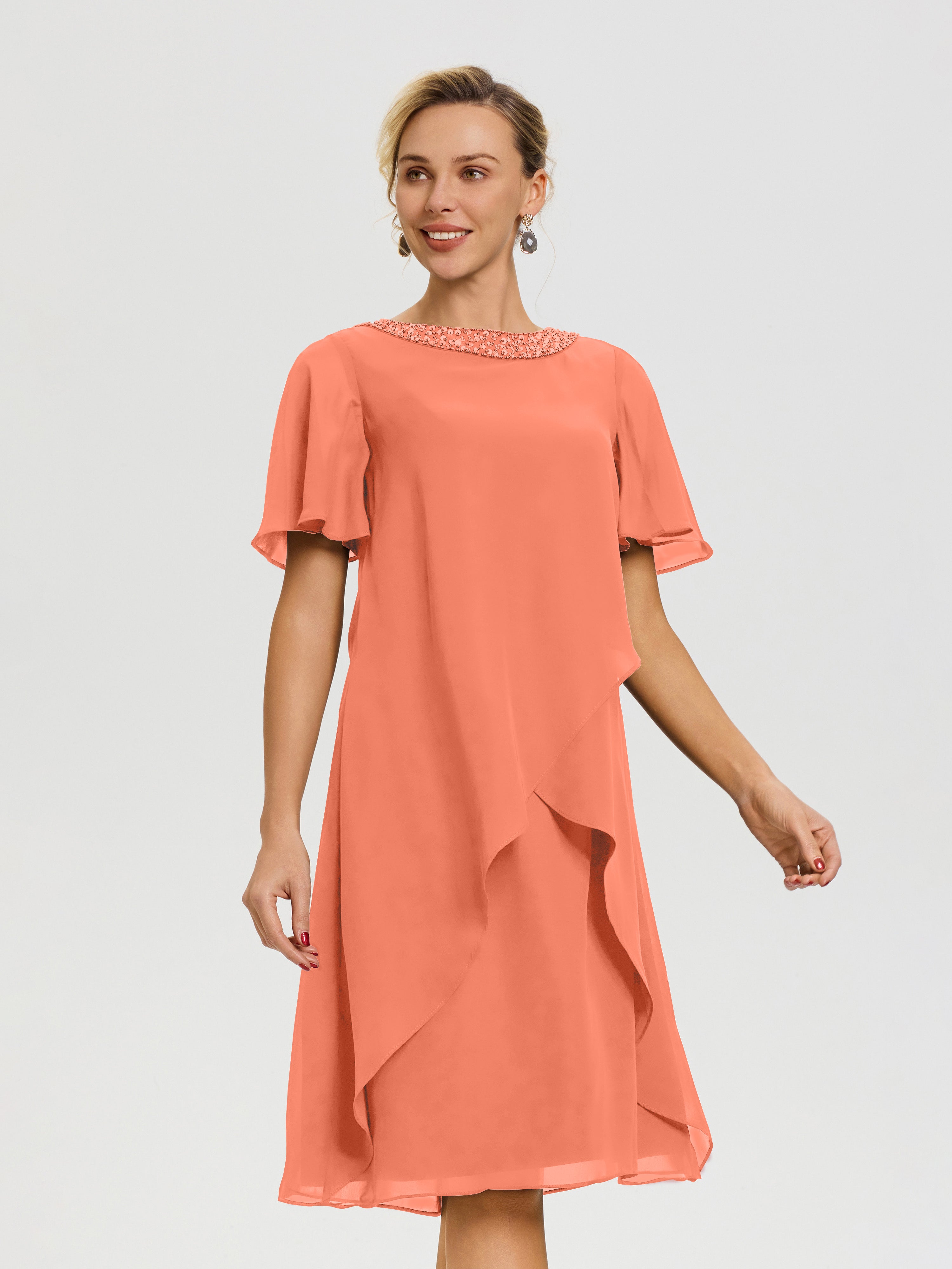 Robe Pour Mariage Mère Du Marié Coucher De Soleil Col Rond Mancherons Mousseline Robe Mariage Mère Du Marié