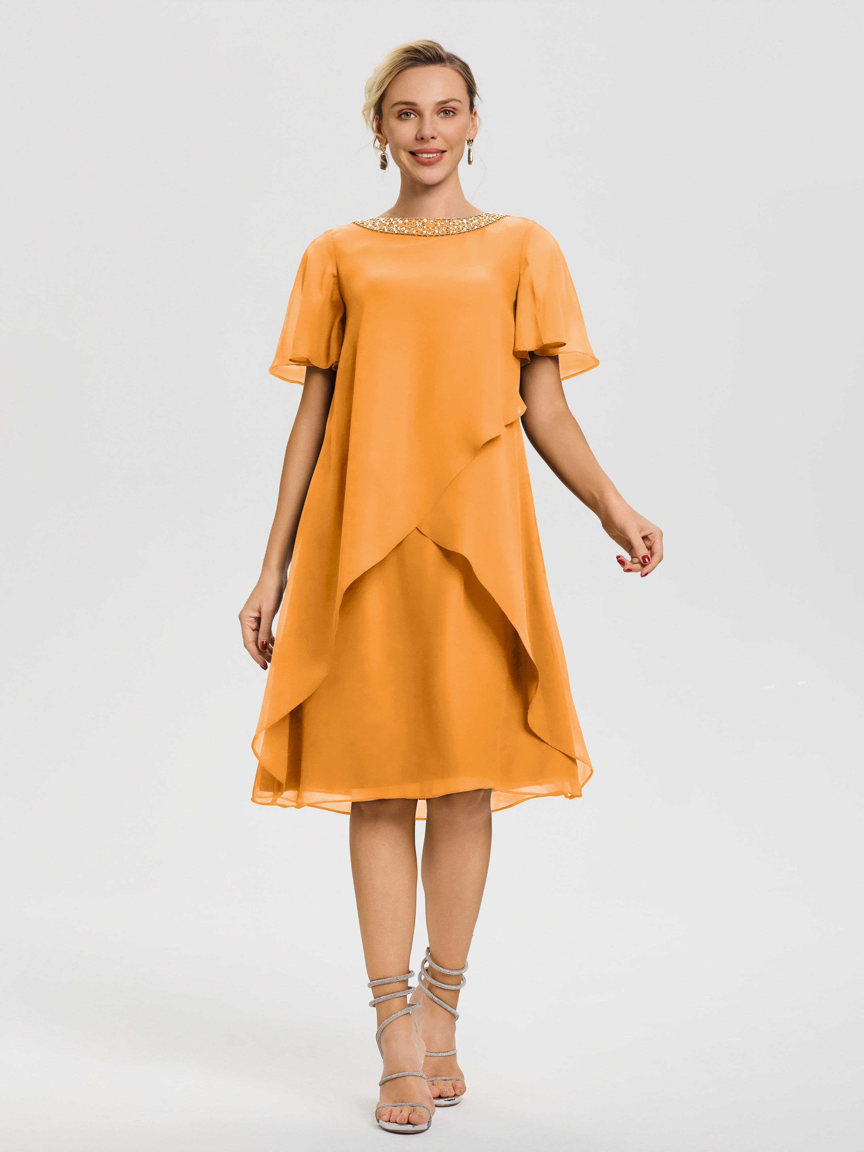 Robe Pour Mariage Mère Du Marié Mandarine Col Rond Mancherons Mousseline Robe Mariage Mère Du Marié