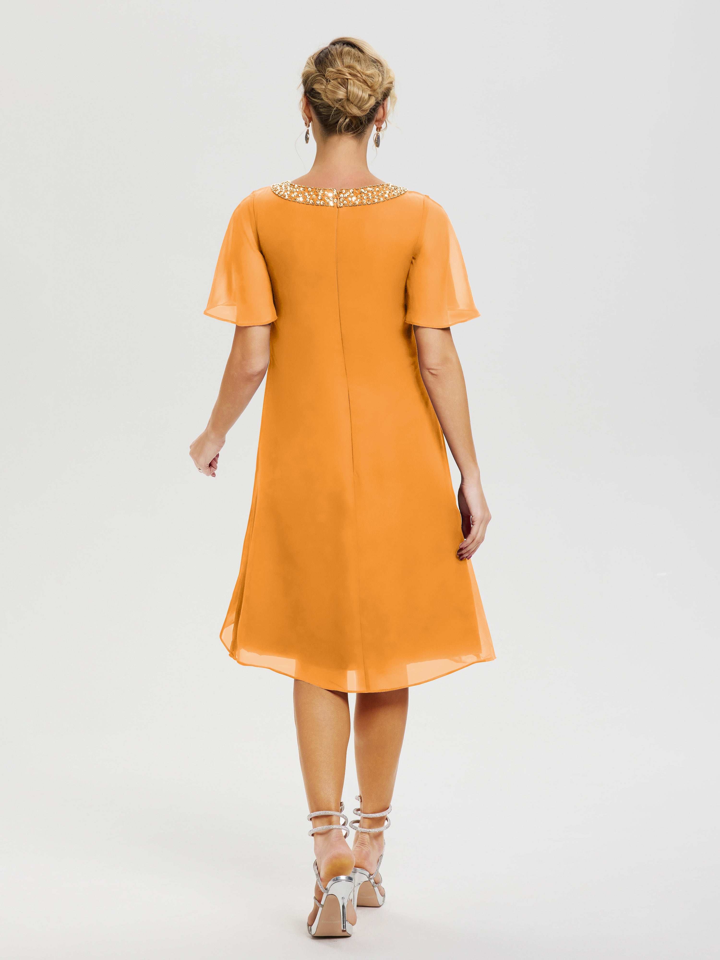 Robe Pour Mariage Mère Du Marié Mandarine Col Rond Mancherons Mousseline Robe Mariage Mère Du Marié