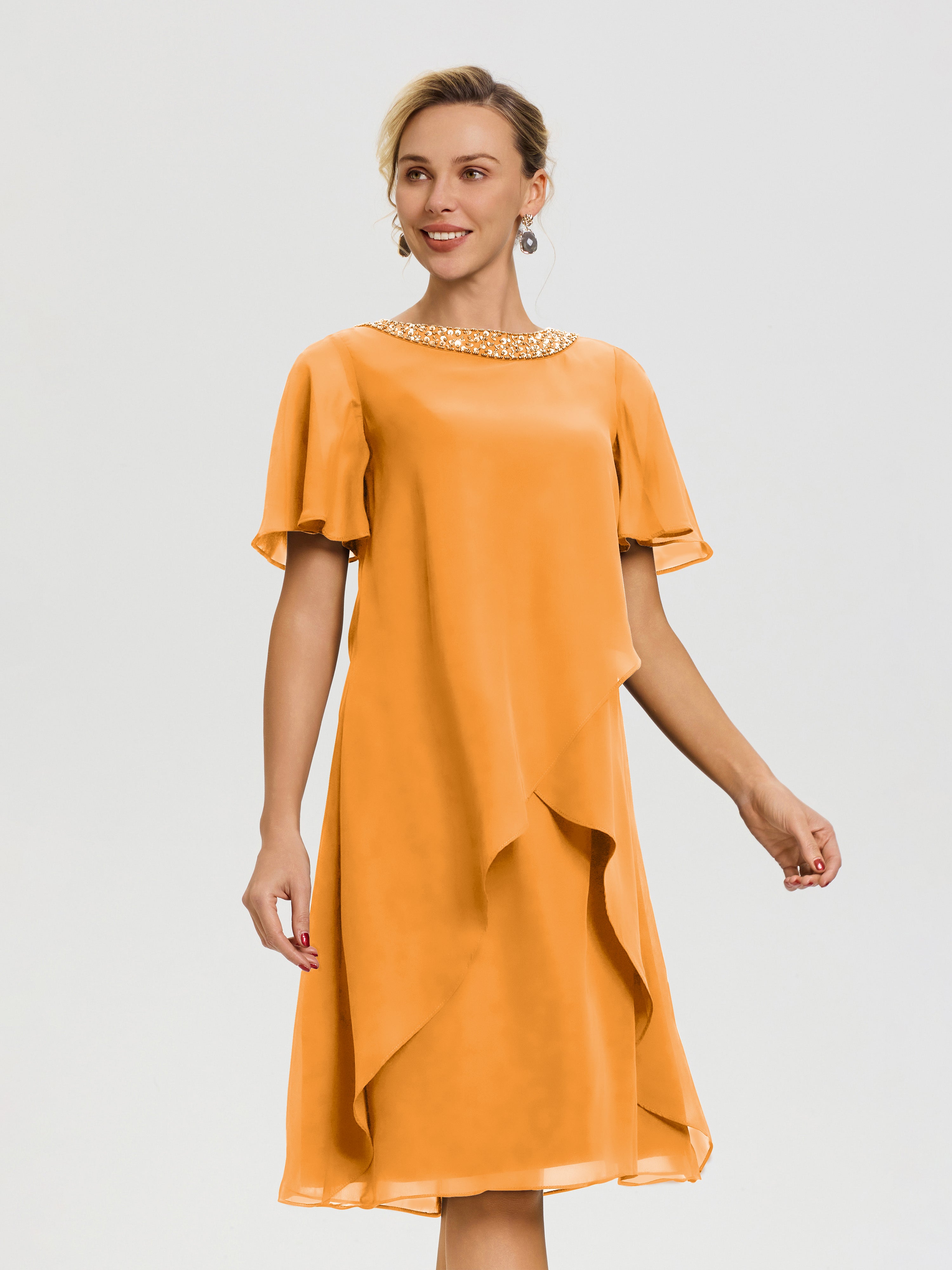 Robe Pour Mariage Mère Du Marié Mandarine Col Rond Mancherons Mousseline Robe Mariage Mère Du Marié