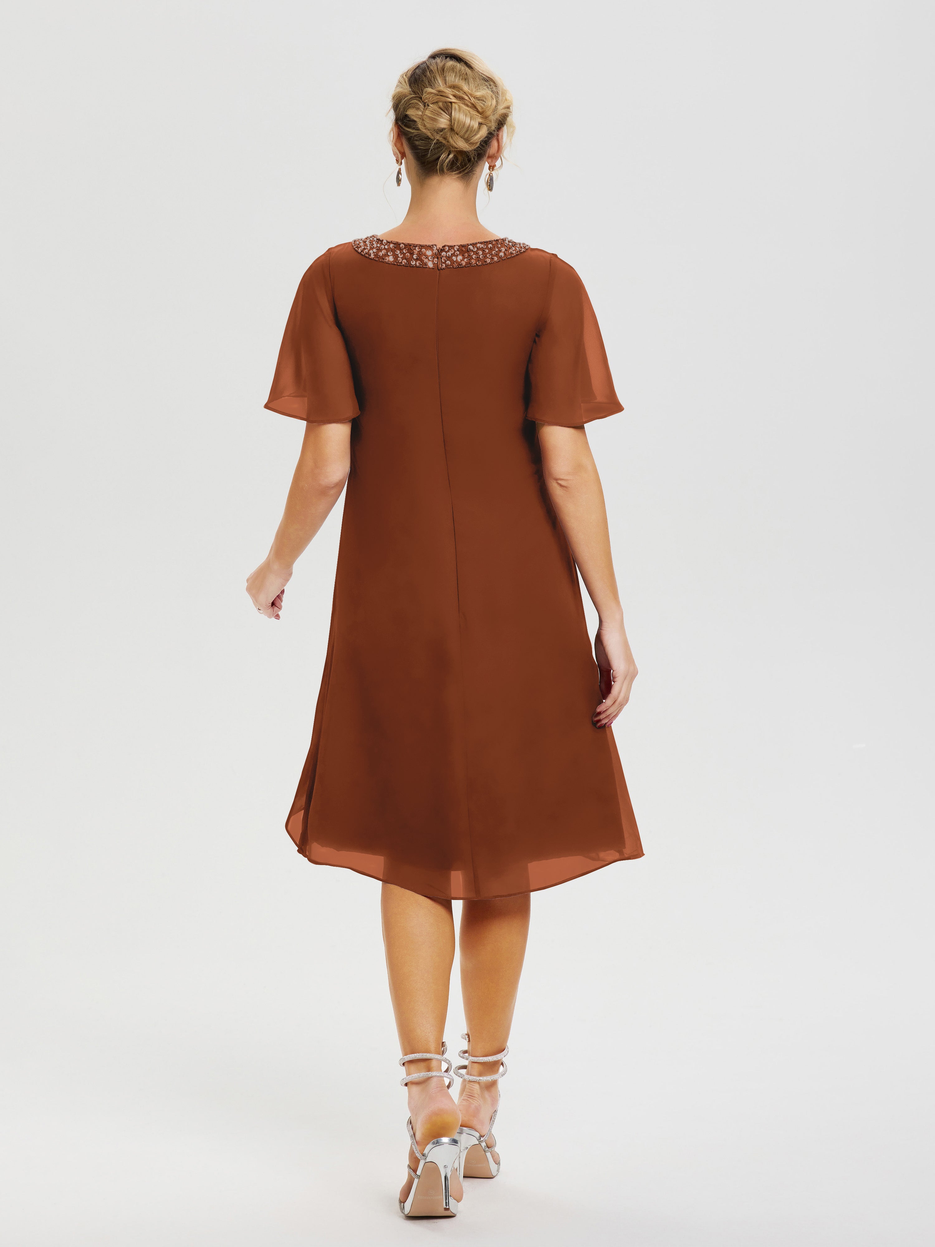 Robe Mere De La Mariee Terracotta Col Rond Mancherons Mousseline Robe Mariage Mère Du Marié