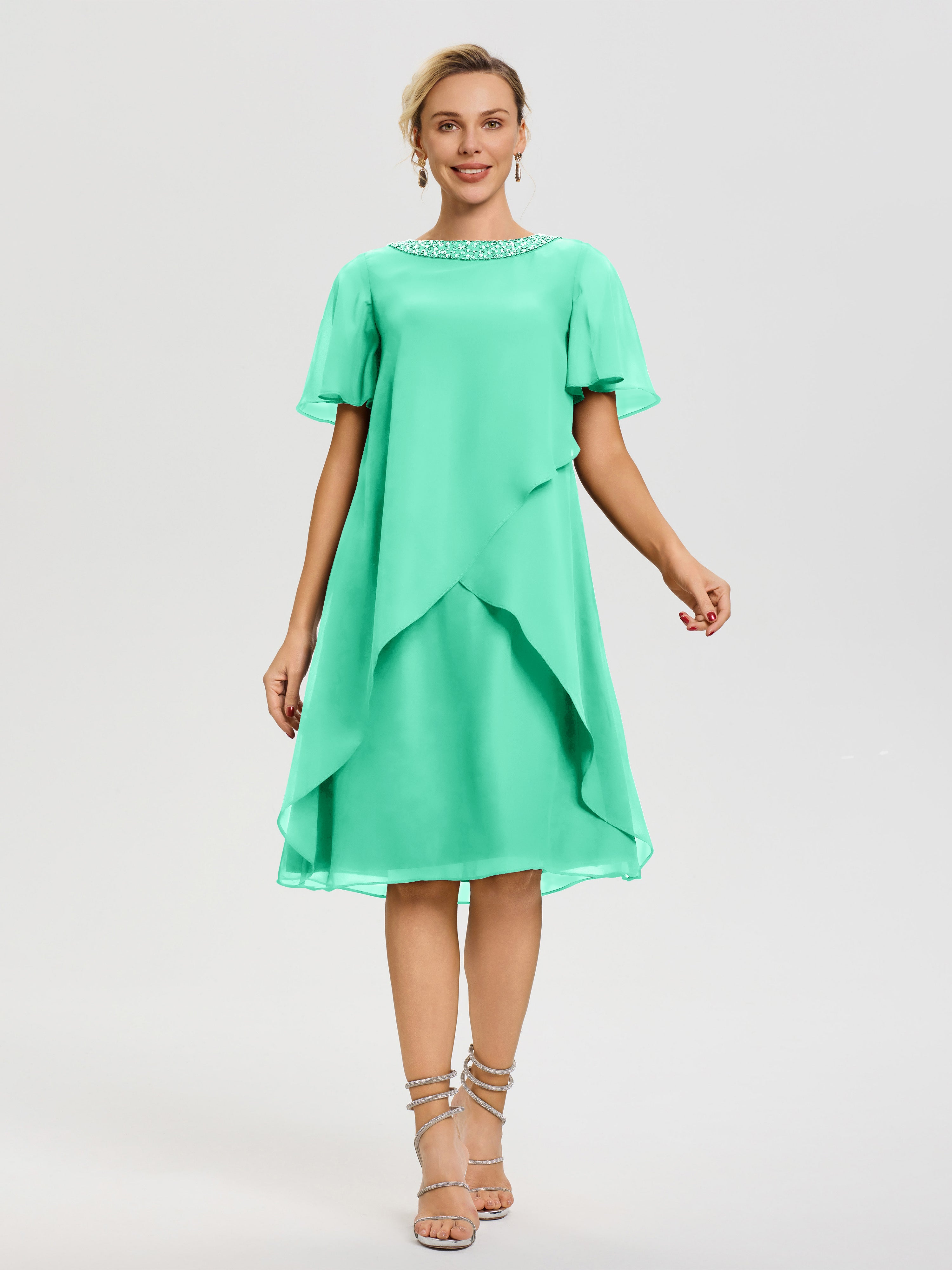 Robe Mère Marié Turquoise Col Rond Mancherons Mousseline Robe Mariage Mère Du Marié