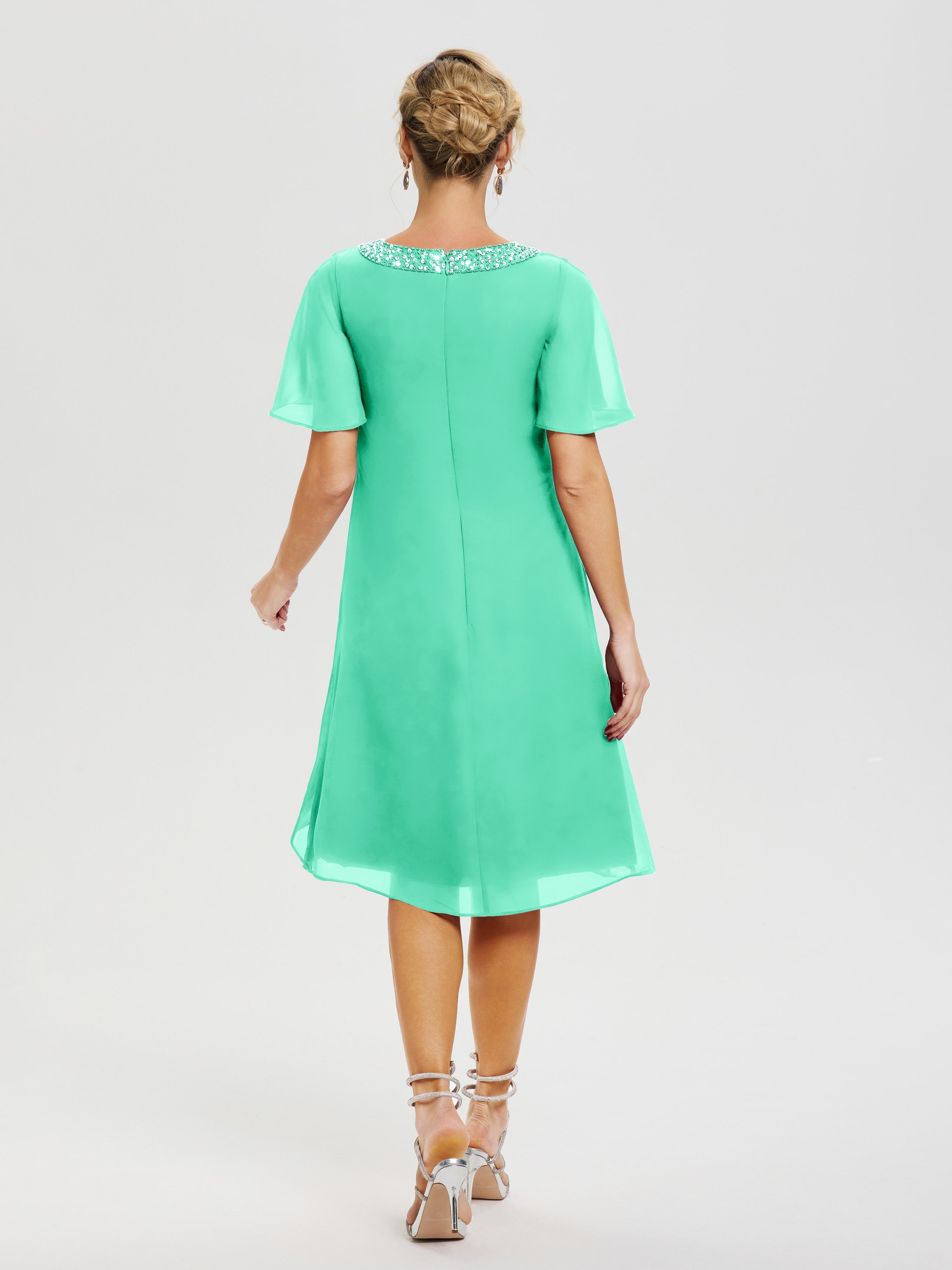 Robe Mère Marié Turquoise Col Rond Mancherons Mousseline Robe Mariage Mère Du Marié