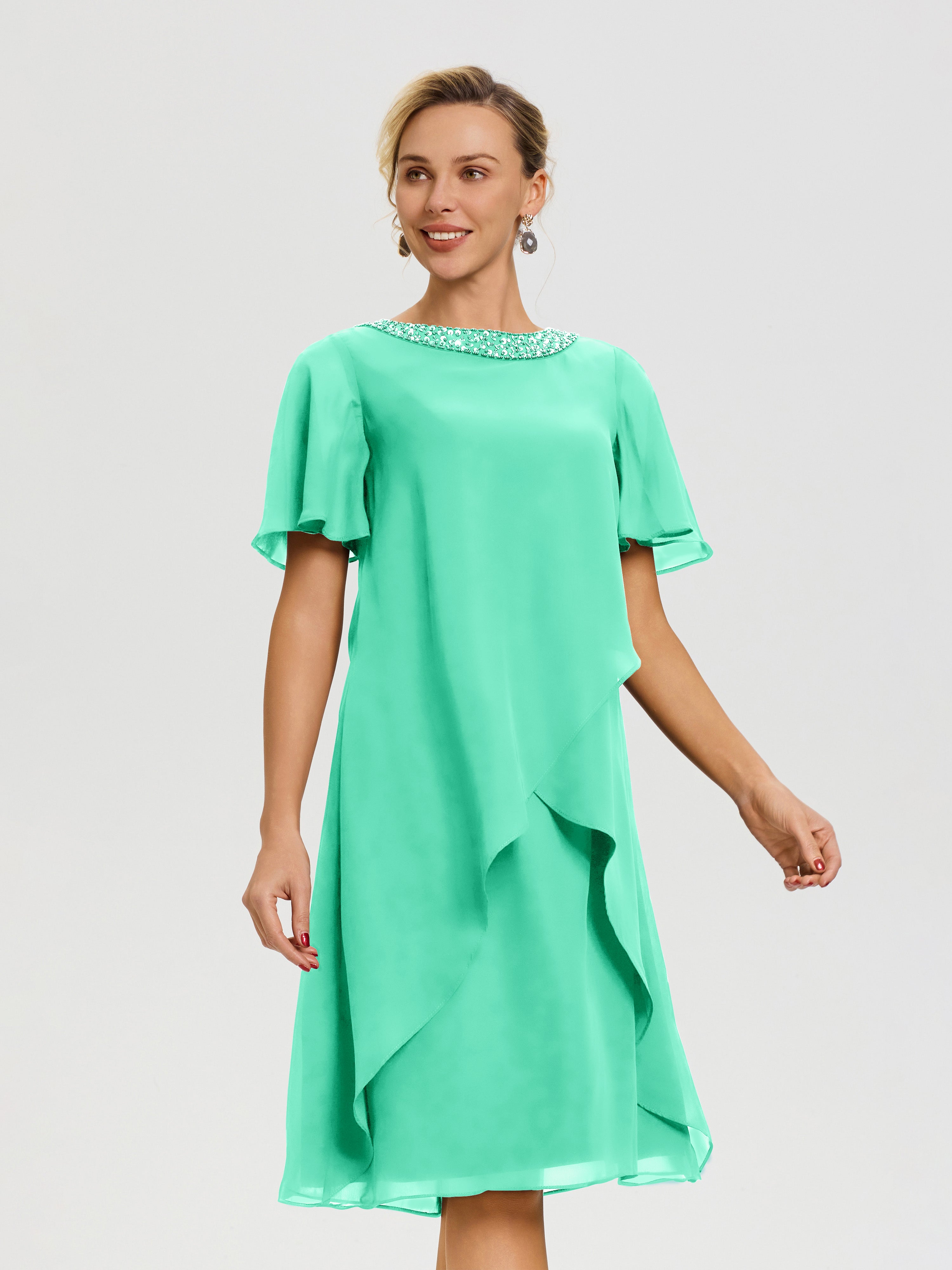 Robe Mère Marié Turquoise Col Rond Mancherons Mousseline Robe Mariage Mère Du Marié