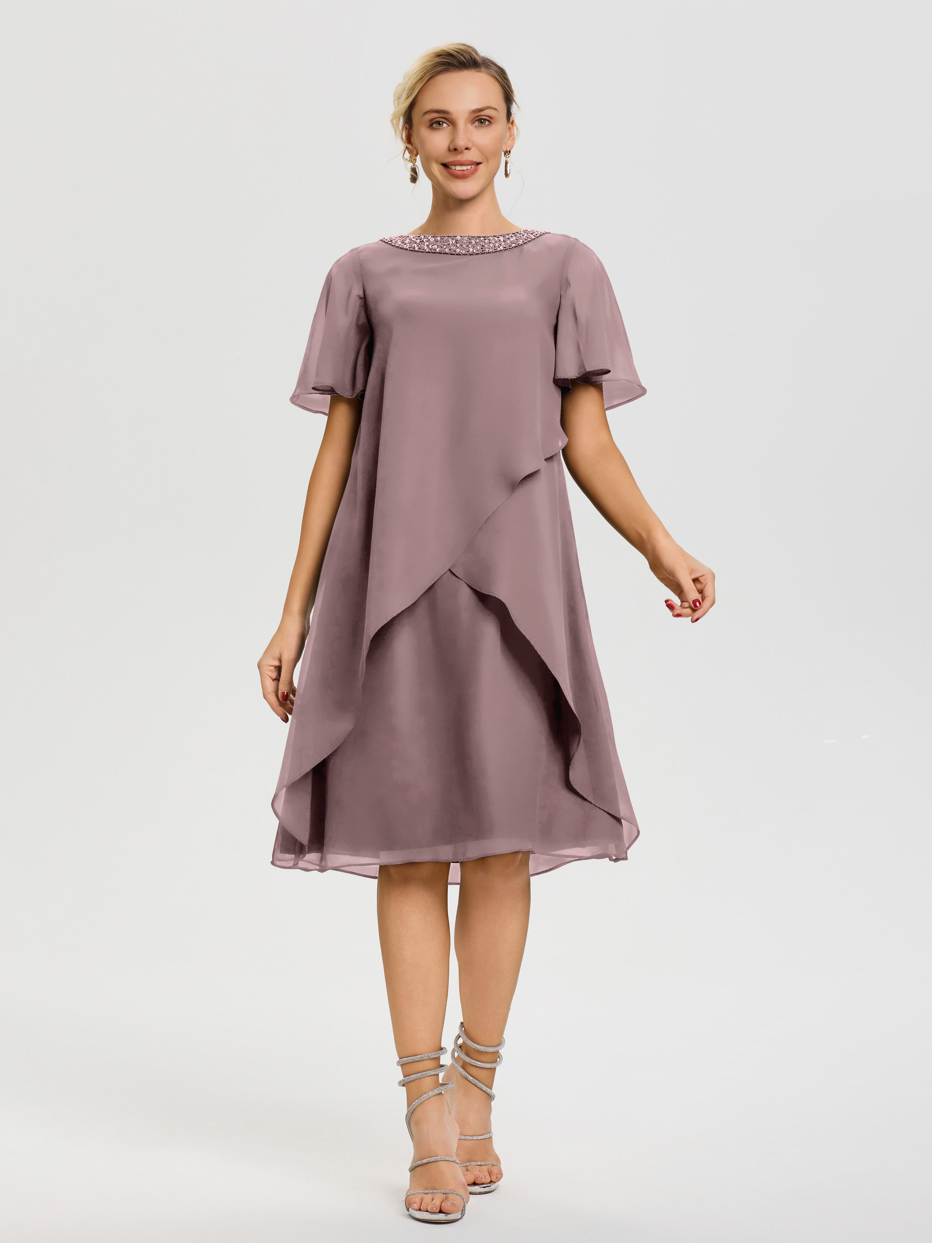 Robe Mère Marié Vintage Mauve Col Rond Mancherons Mousseline Robe Mariage Mère Du Marié