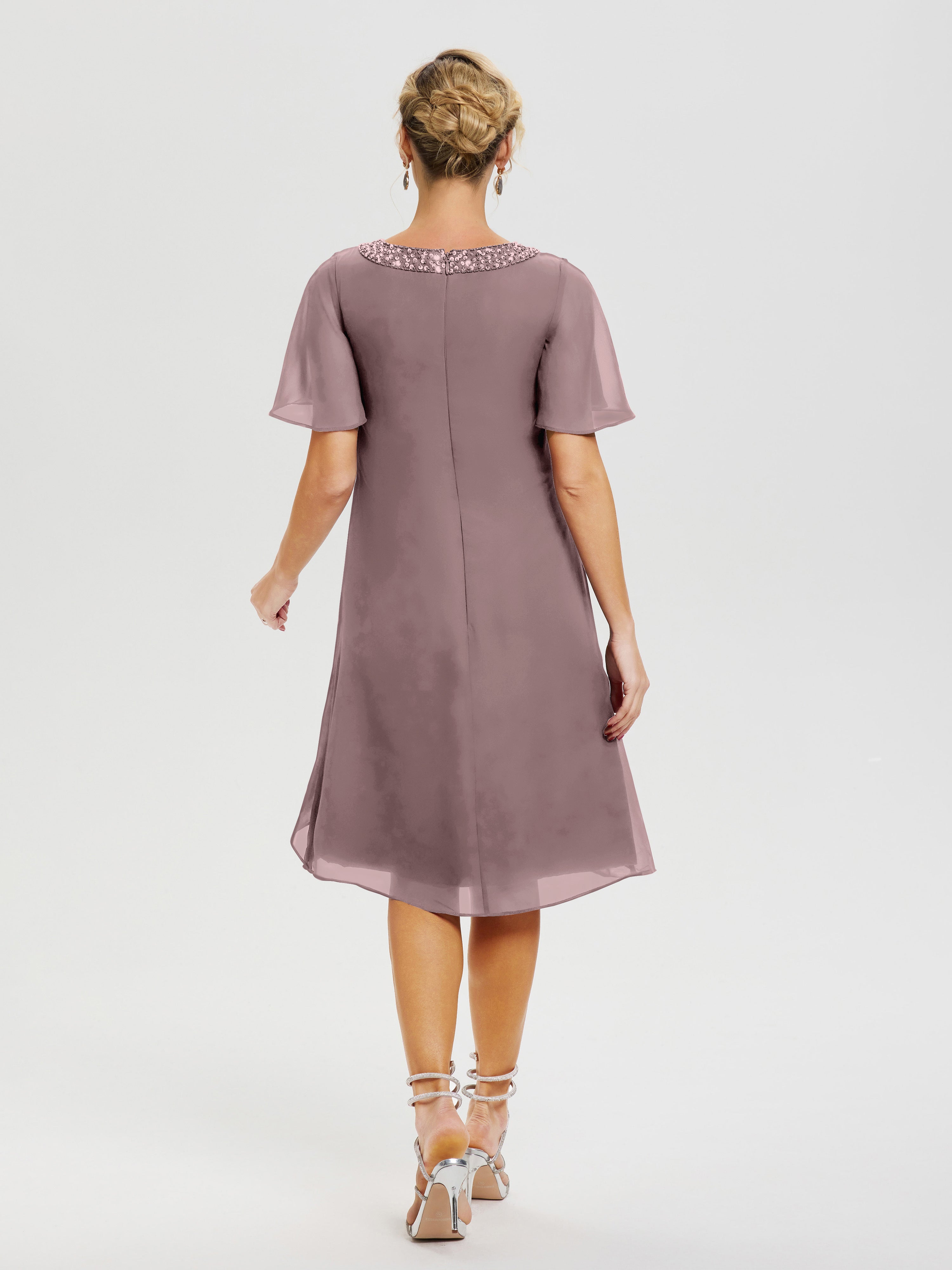 Robe Mère Marié Vintage Mauve Col Rond Mancherons Mousseline Robe Mariage Mère Du Marié