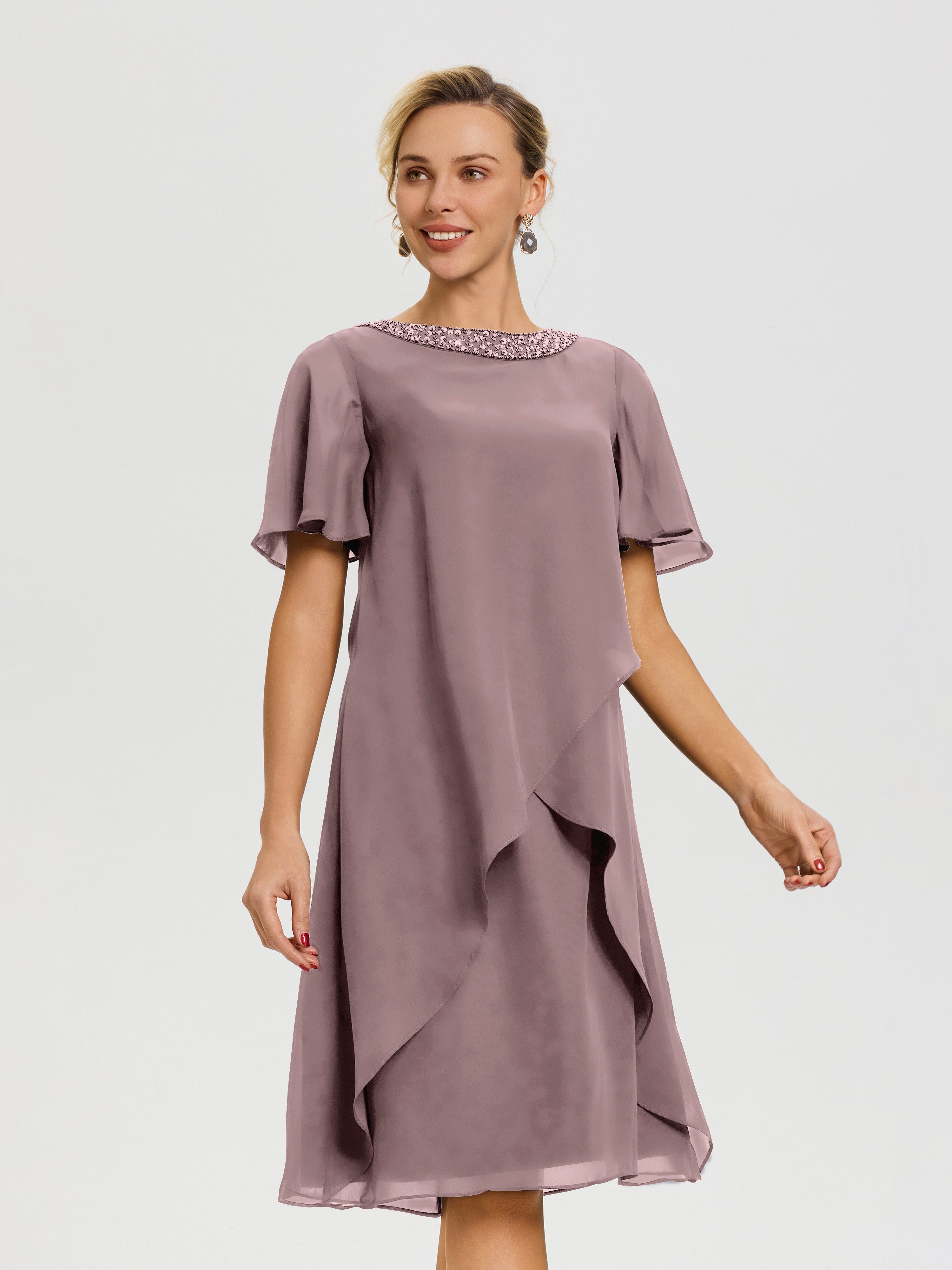 Robe Mère Marié Vintage Mauve Col Rond Mancherons Mousseline Robe Mariage Mère Du Marié
