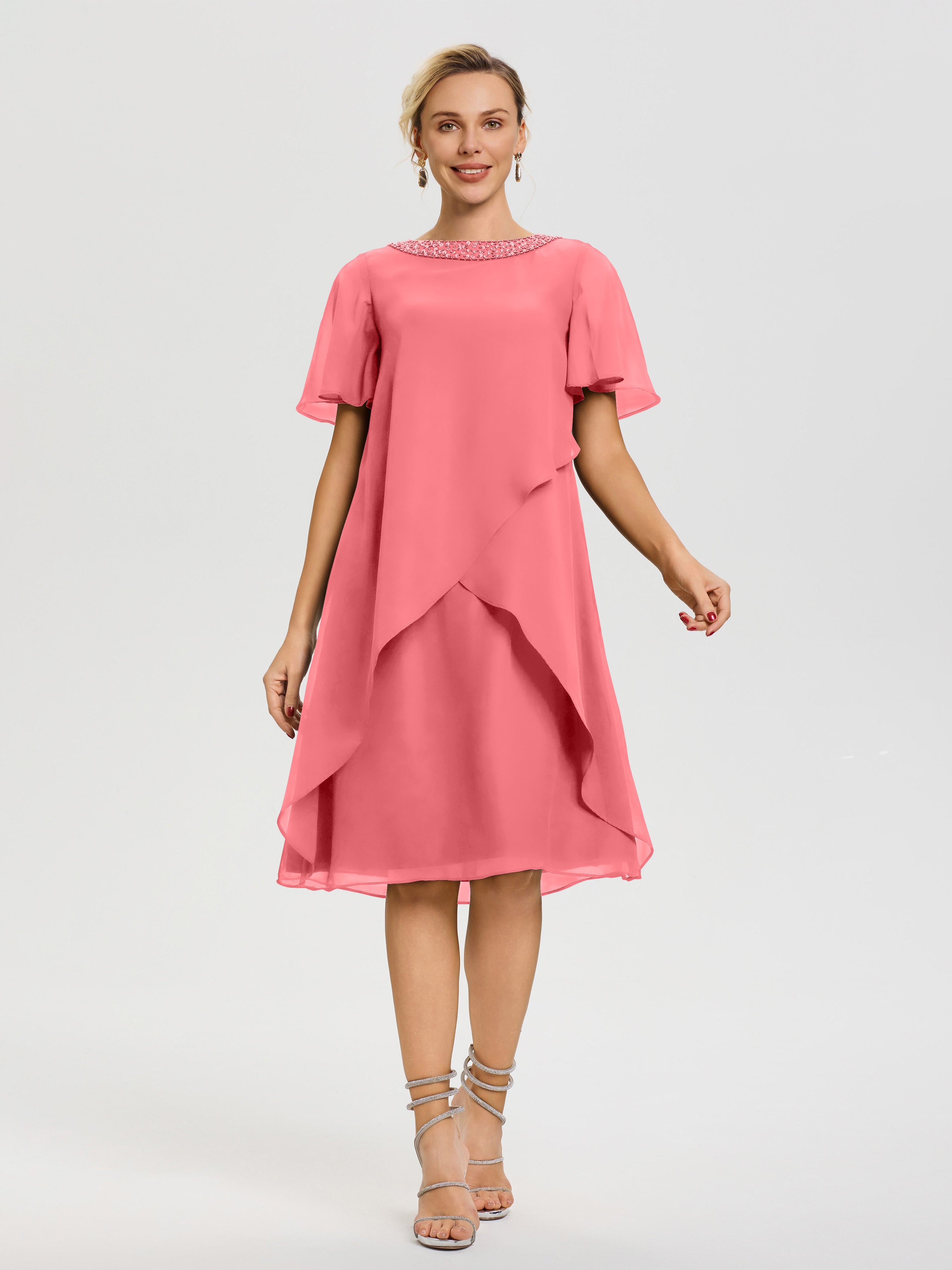 Robe Pour Mère De La Mariée Pastèque Col Rond Mancherons Mousseline Robe Mariage Mère Du Marié