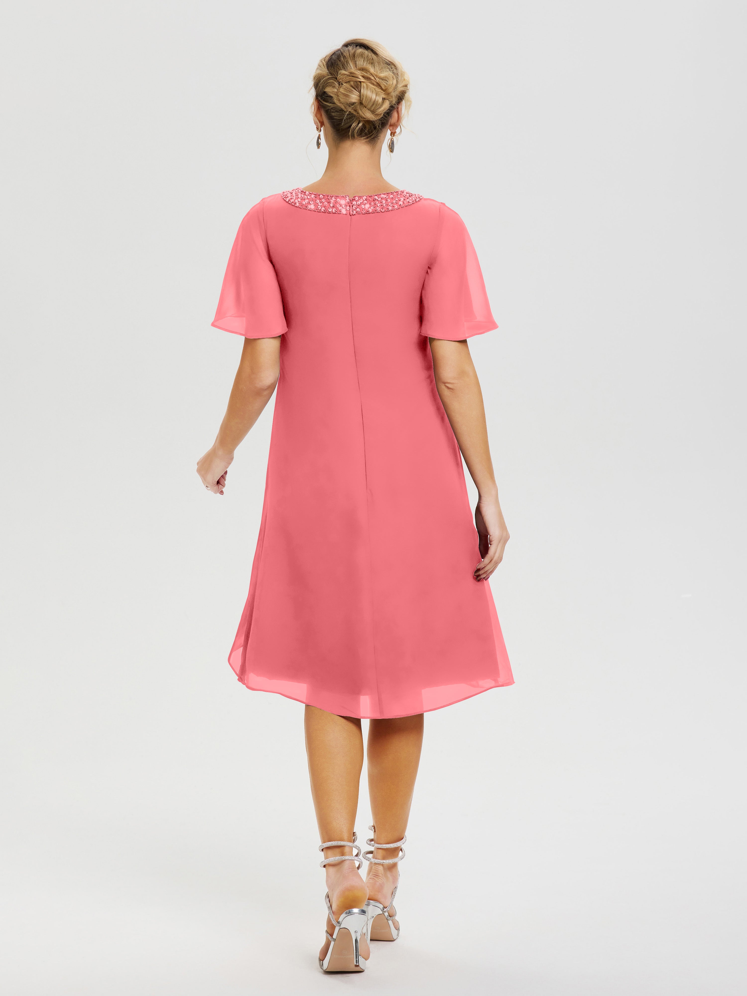 Robe Pour Mère De La Mariée Pastèque Col Rond Mancherons Mousseline Robe Mariage Mère Du Marié