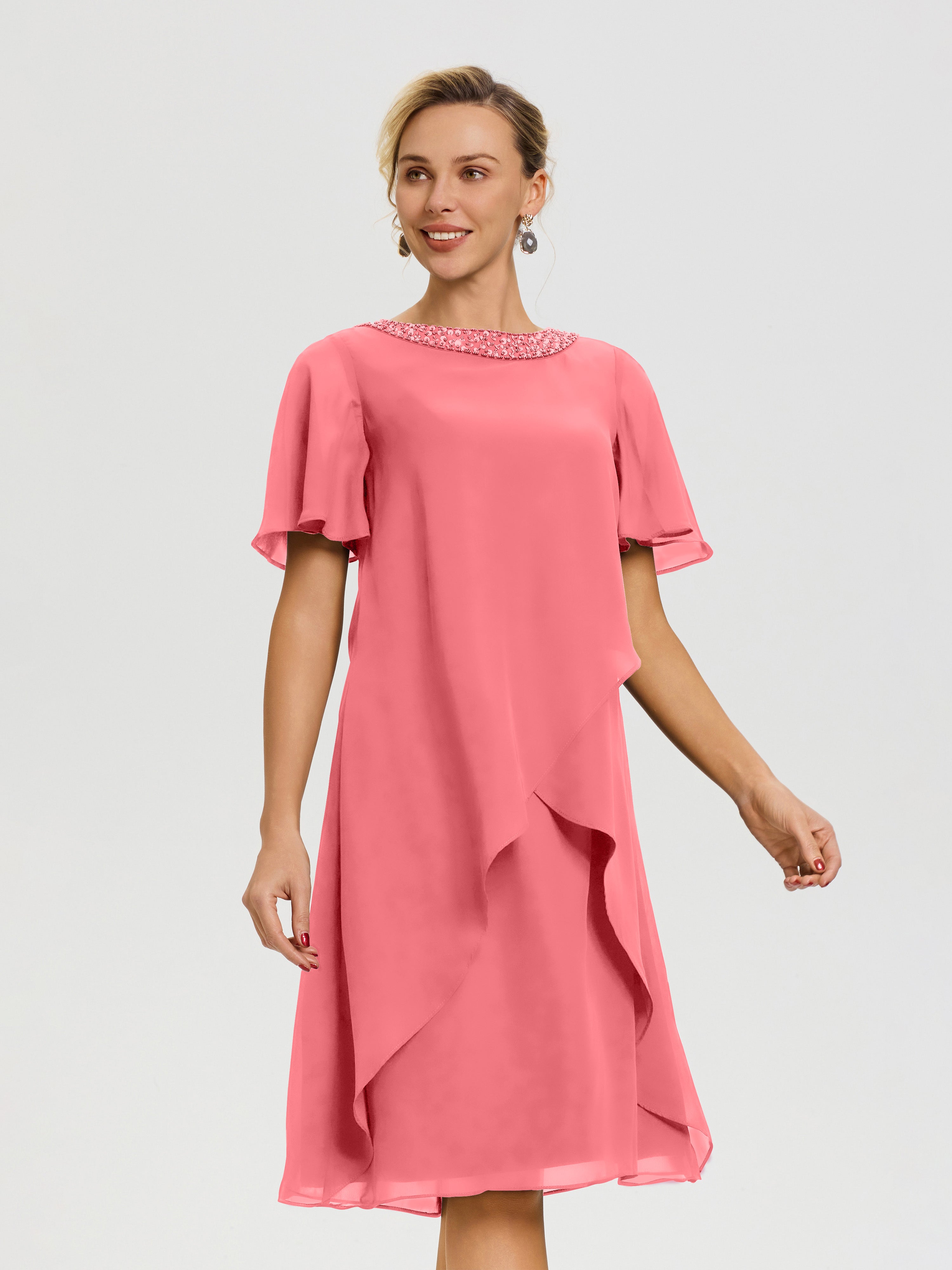 Robe Pour Mère De La Mariée Pastèque Col Rond Mancherons Mousseline Robe Mariage Mère Du Marié