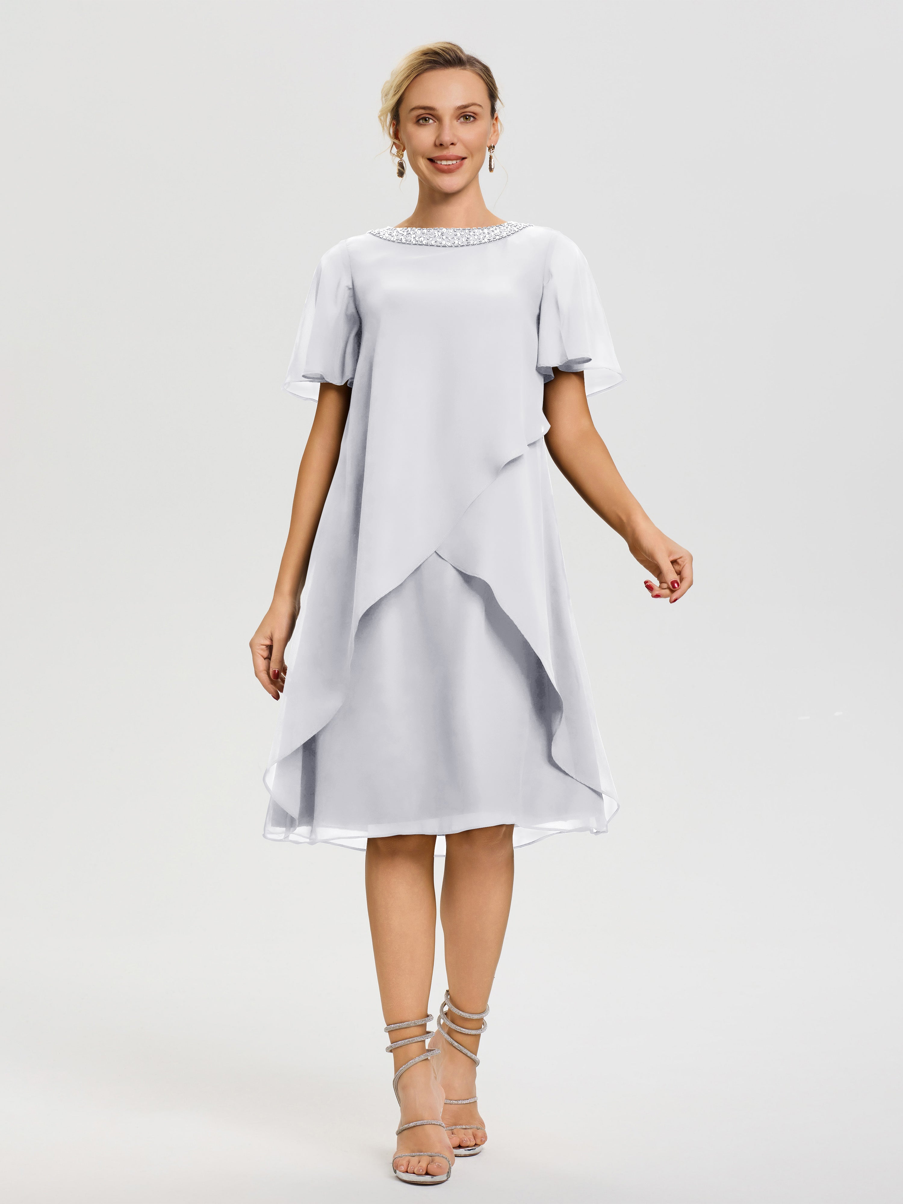 Robe Mère De La Mariée Moderne Blanc Col Rond Mancherons Mousseline Robe Mariage Mère Du Marié