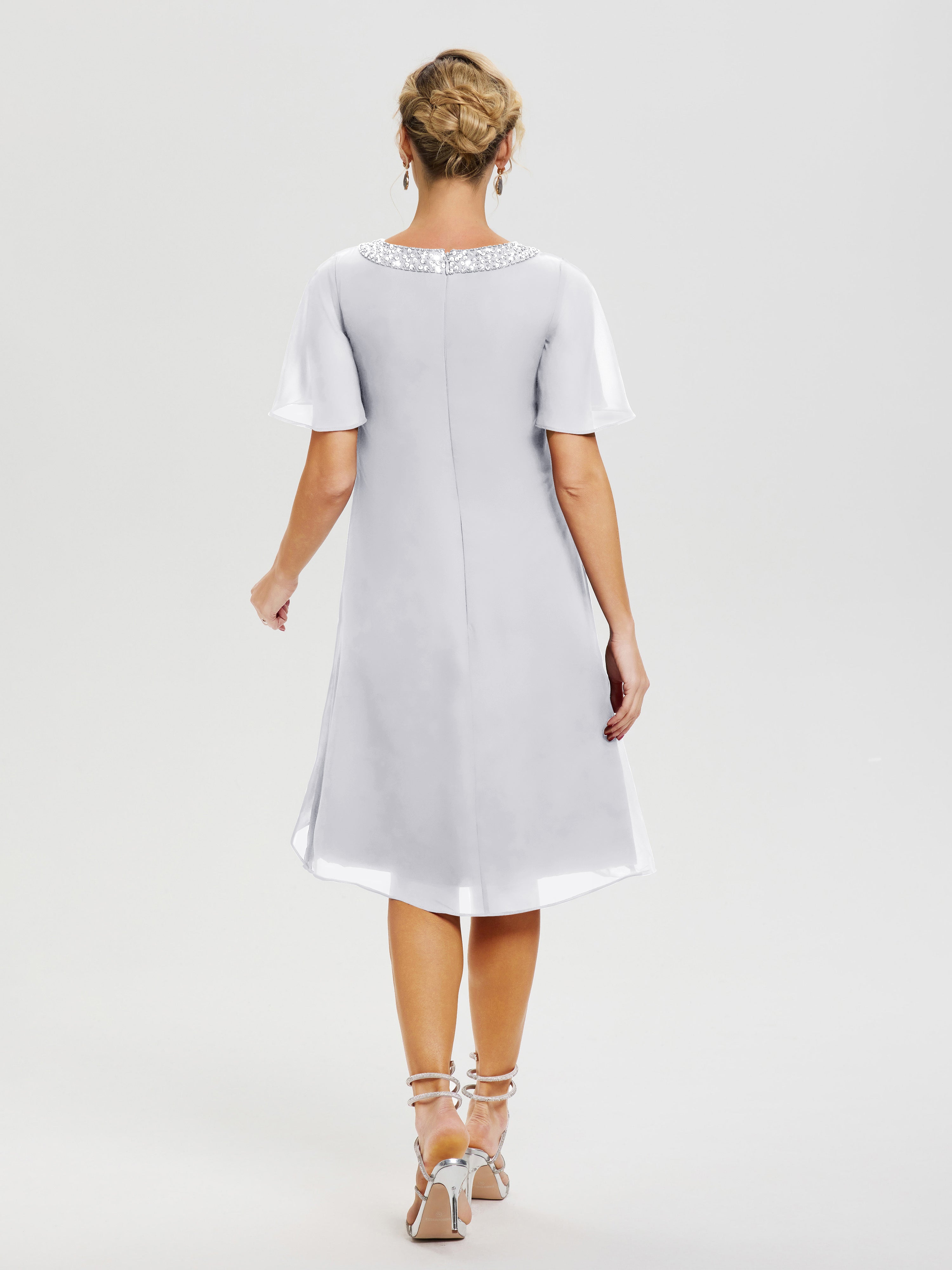 Robe Mère De La Mariée Moderne Blanc Col Rond Mancherons Mousseline Robe Mariage Mère Du Marié