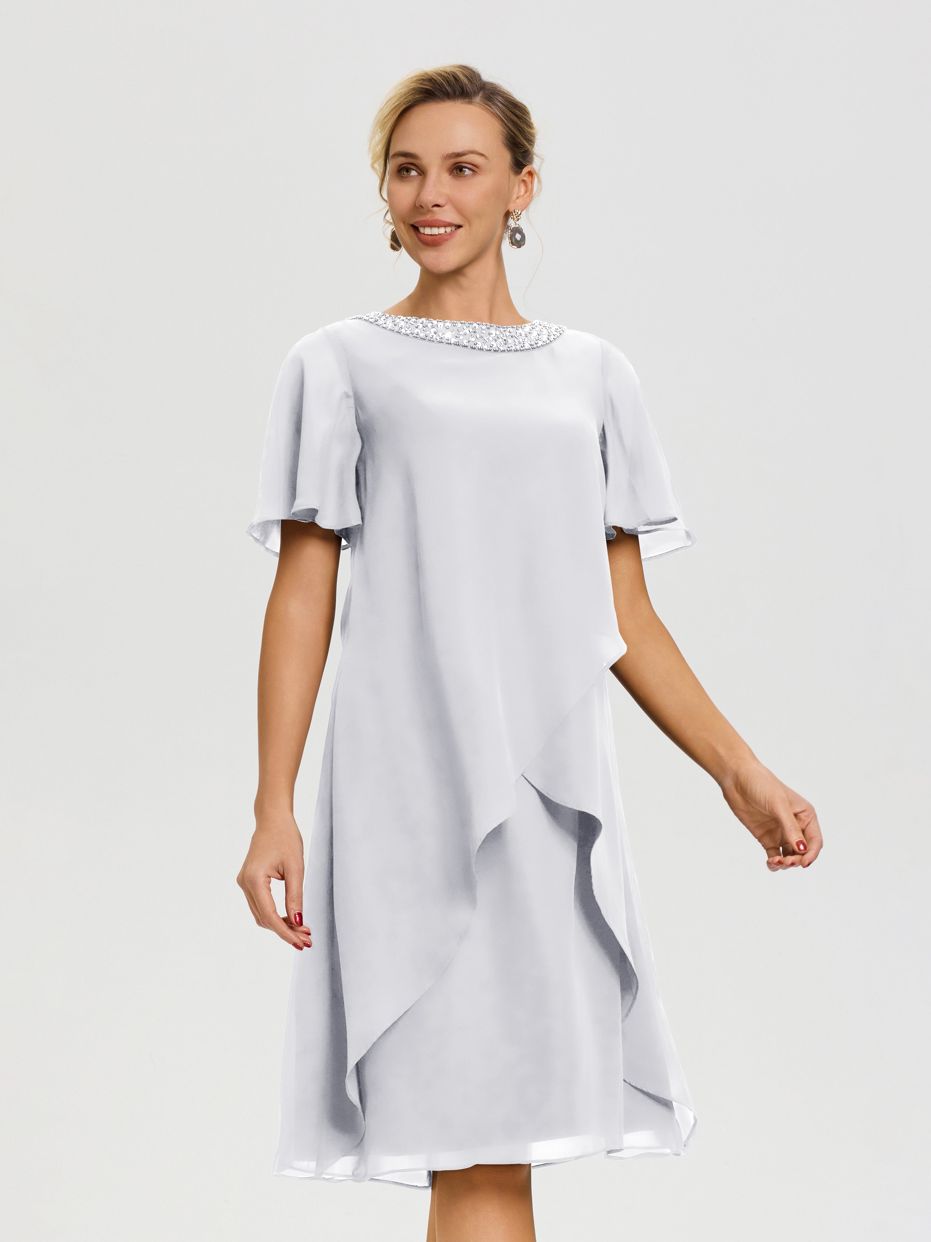 Robe Mère De La Mariée Moderne Blanc Col Rond Mancherons Mousseline Robe Mariage Mère Du Marié
