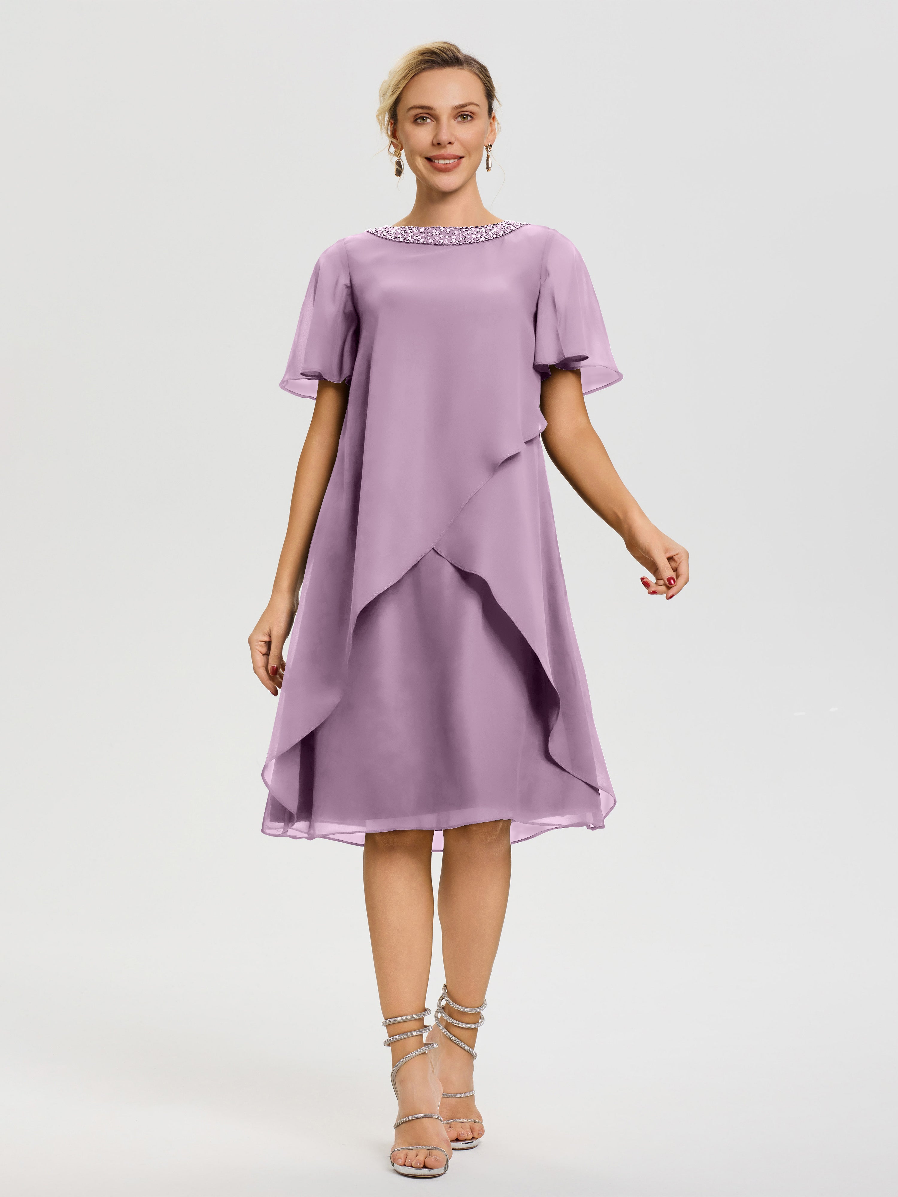 Robe Mère De La Mariée Moderne Glycine Col Rond Mancherons Mousseline Robe Mariage Mère Du Marié