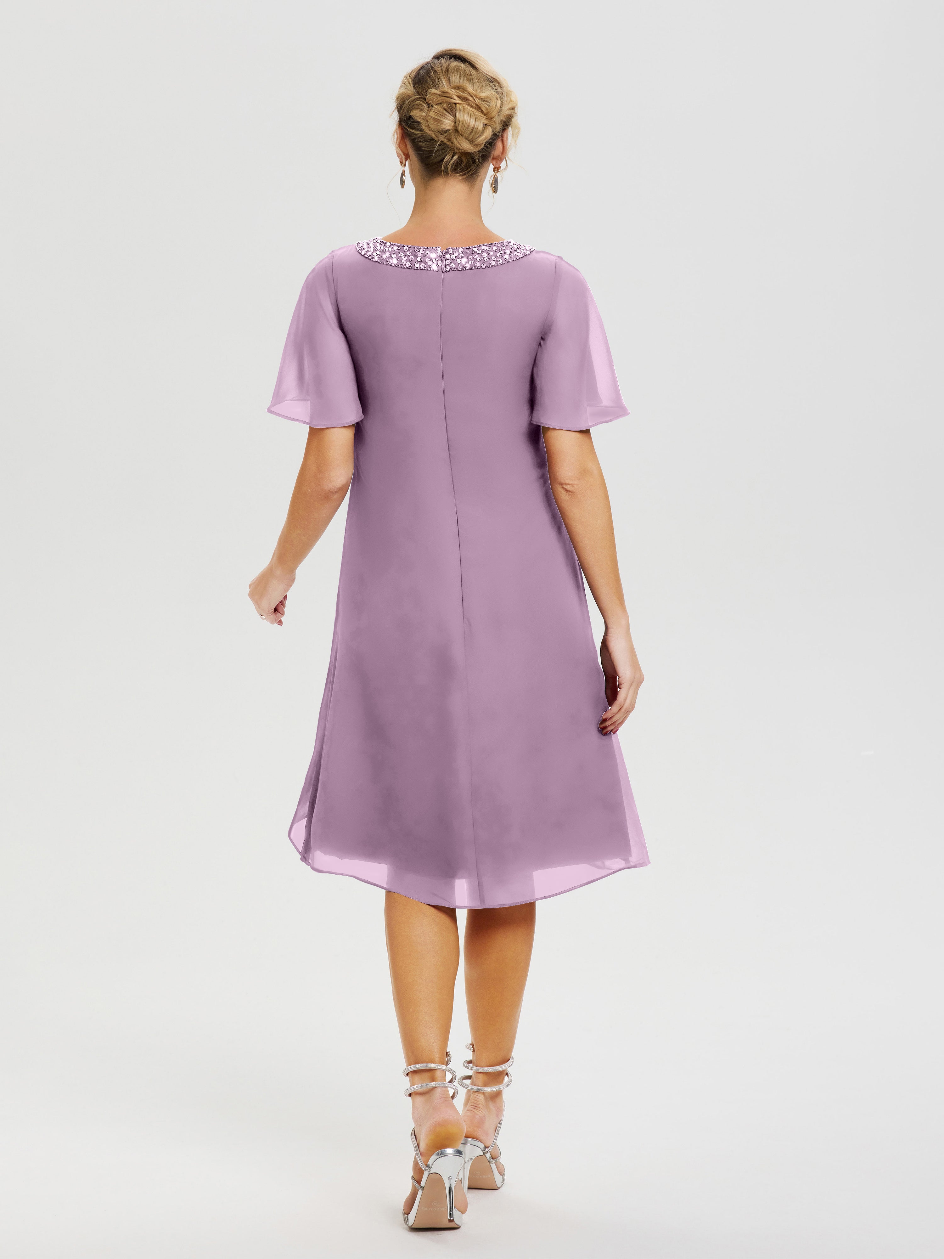 Robe Mère De La Mariée Moderne Glycine Col Rond Mancherons Mousseline Robe Mariage Mère Du Marié